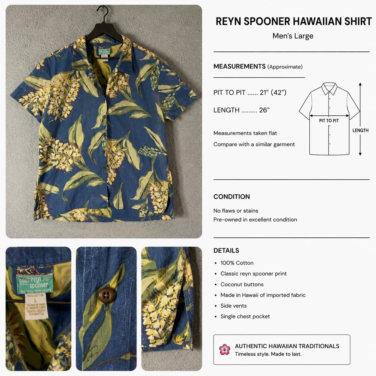 Reyn Spooner Hawaiian Shirt Mens Large Blue Yellow Pineapple Spooner Vintage - Thumbnail 2