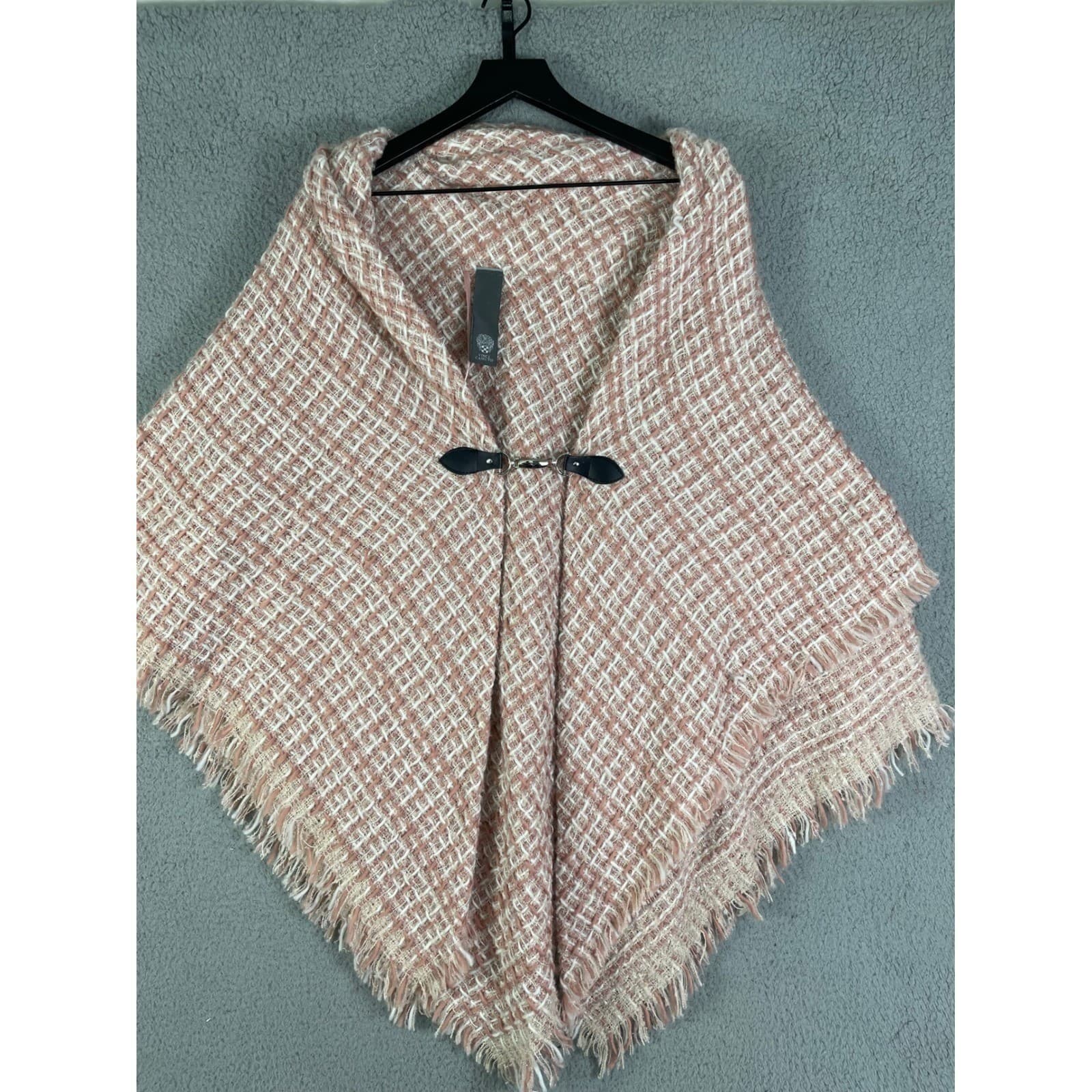 Vince Camuto Tweed Poncho Cape Fringe Toggle Ruana Shawl Wrap Pink One Size - Thumbnail 8