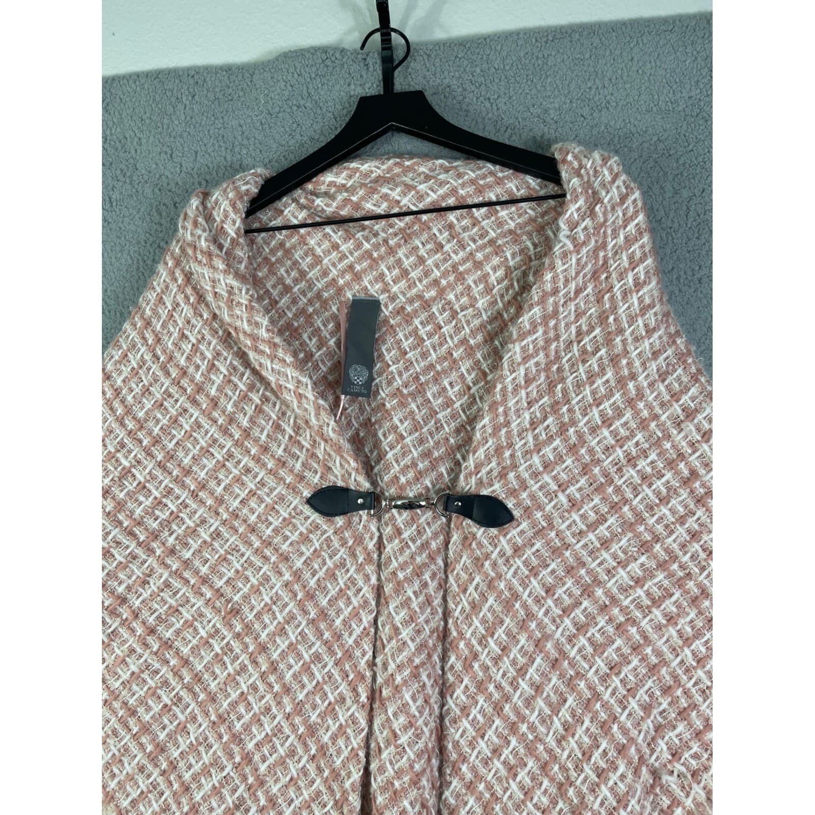 Vince Camuto Tweed Poncho Cape Fringe Toggle Ruana Shawl Wrap Pink One Size - Thumbnail 9