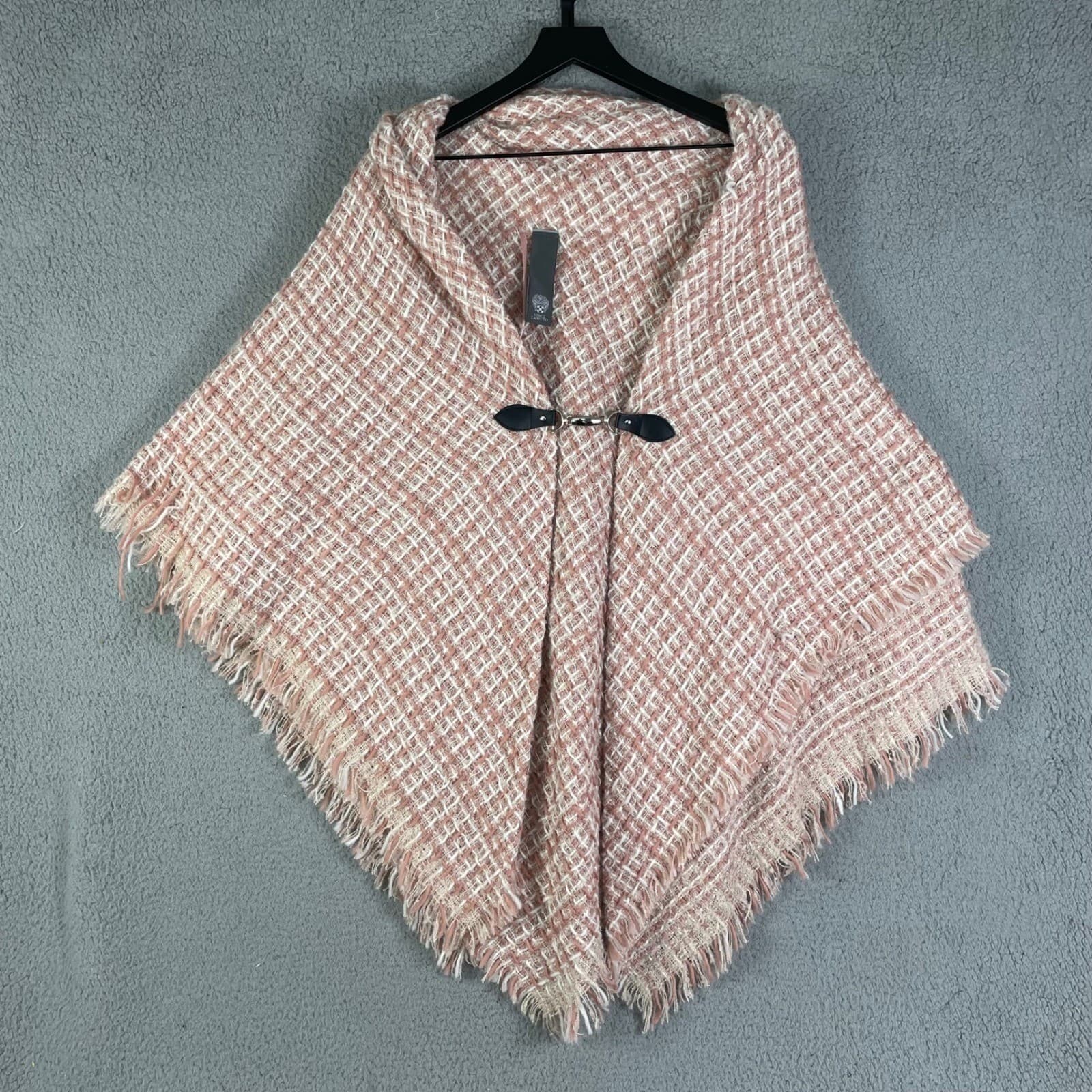 Vince Camuto Tweed Poncho Cape Fringe Toggle Ruana Shawl Wrap Pink One Size - Thumbnail 6