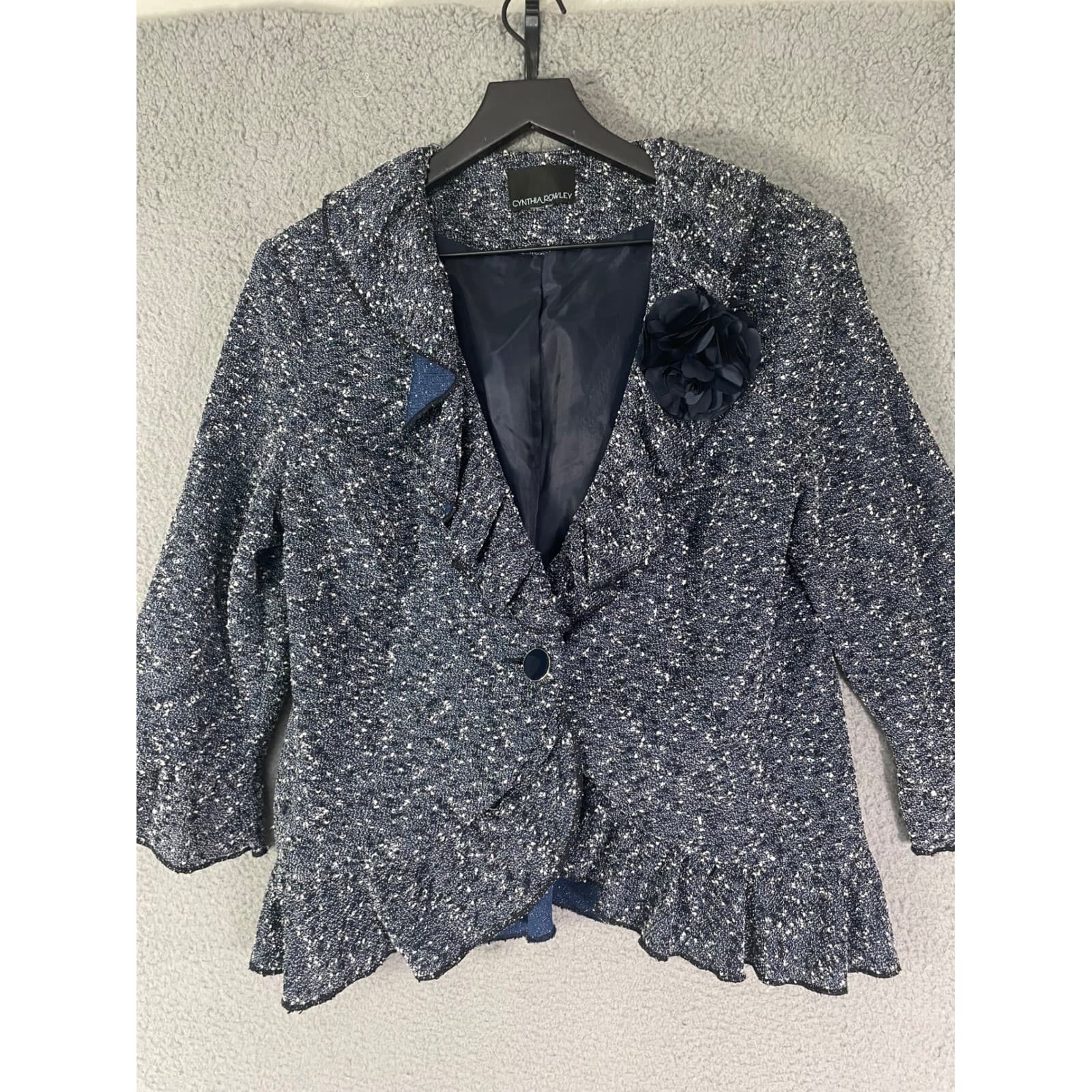 Tweed Blazer Womens Medium Navy White Ruffle Jacket Career Cynthia Rowley - Thumbnail 3