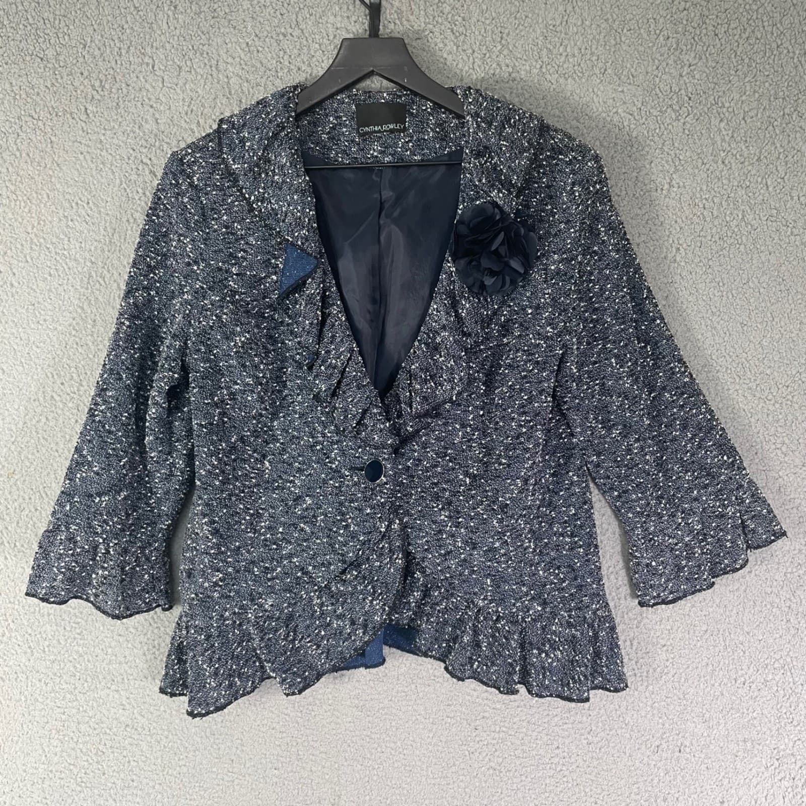 Tweed Blazer Womens Medium Navy White Ruffle Jacket Career Cynthia Rowley - Thumbnail 9