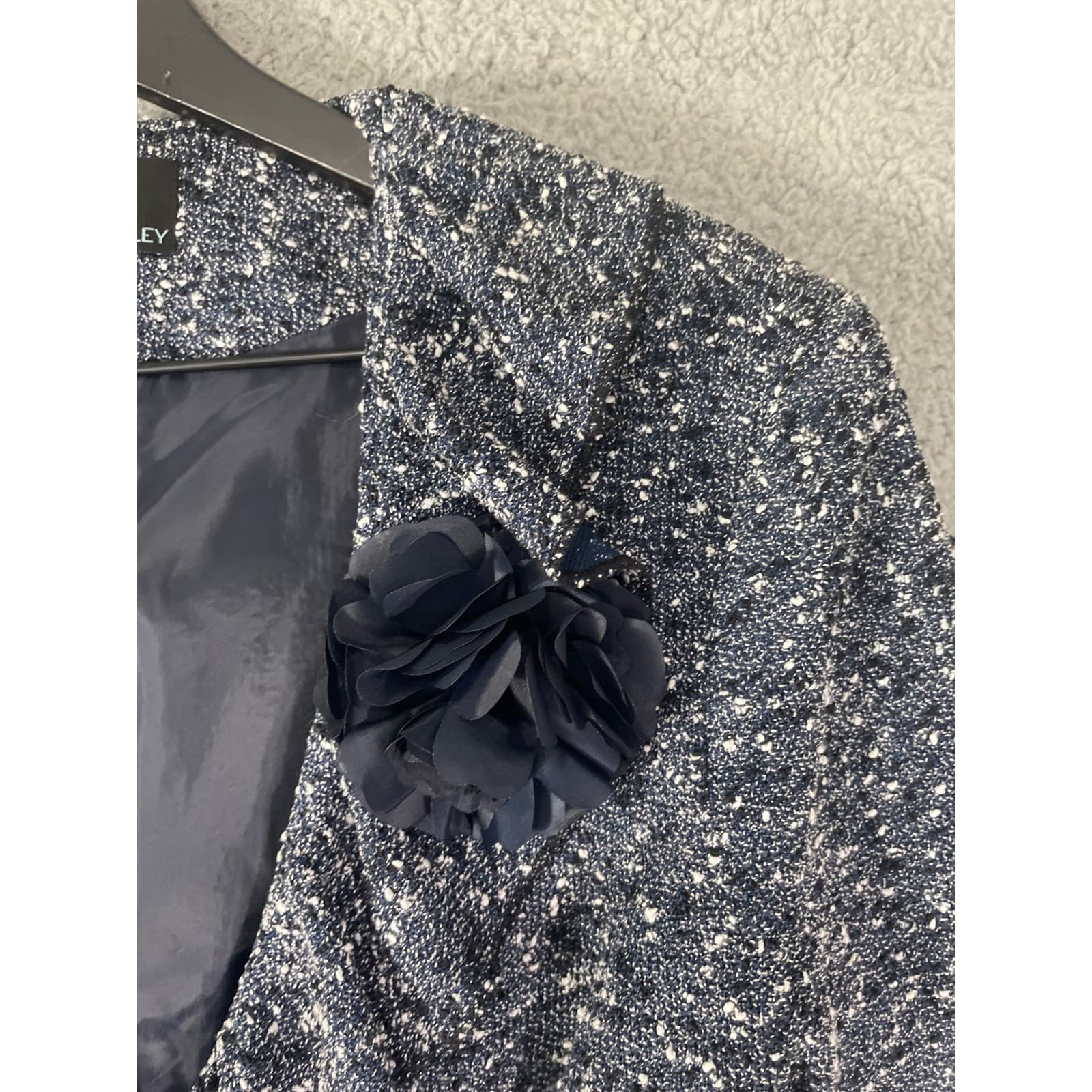 Tweed Blazer Womens Medium Navy White Ruffle Jacket Career Cynthia Rowley - Thumbnail 6