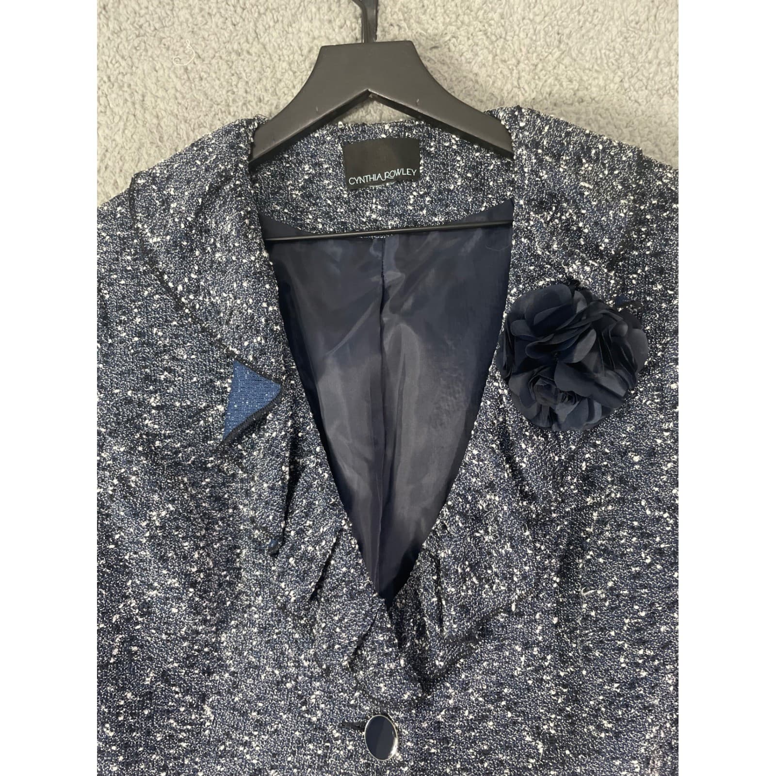 Tweed Blazer Womens Medium Navy White Ruffle Jacket Career Cynthia Rowley - Thumbnail 7