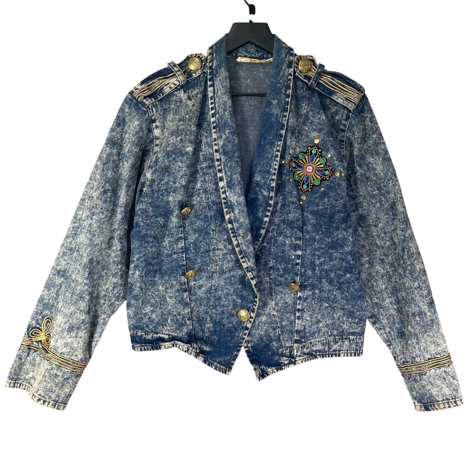 Vintage Acid Wash Denim Jacket Womens Small Military Embroidered 80s Crop - Thumbnail 2