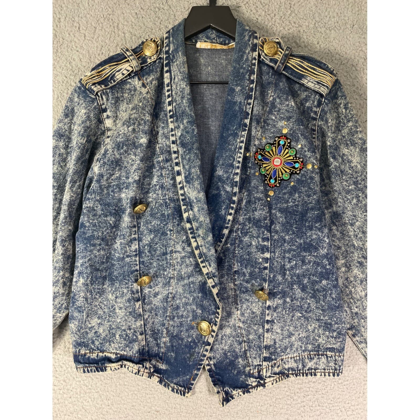 Vintage Acid Wash Denim Jacket Womens Small Military Embroidered 80s Crop - Thumbnail 8