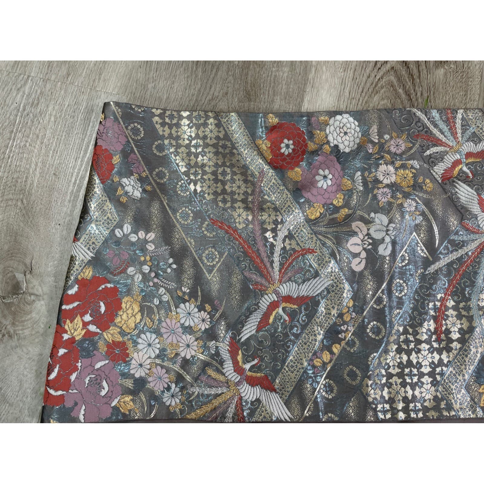 Japanese Crane Table Runner 58” Gray Floral Asian Bird Dining Decor Oriental - Thumbnail 4