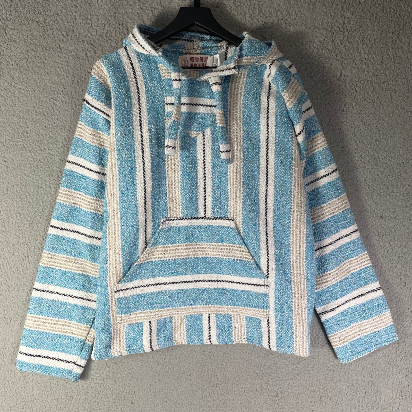 Baja Hoodie Mens Large Blue White Striped Surf Mexican Pullover Sweatshirt - Thumbnail 2