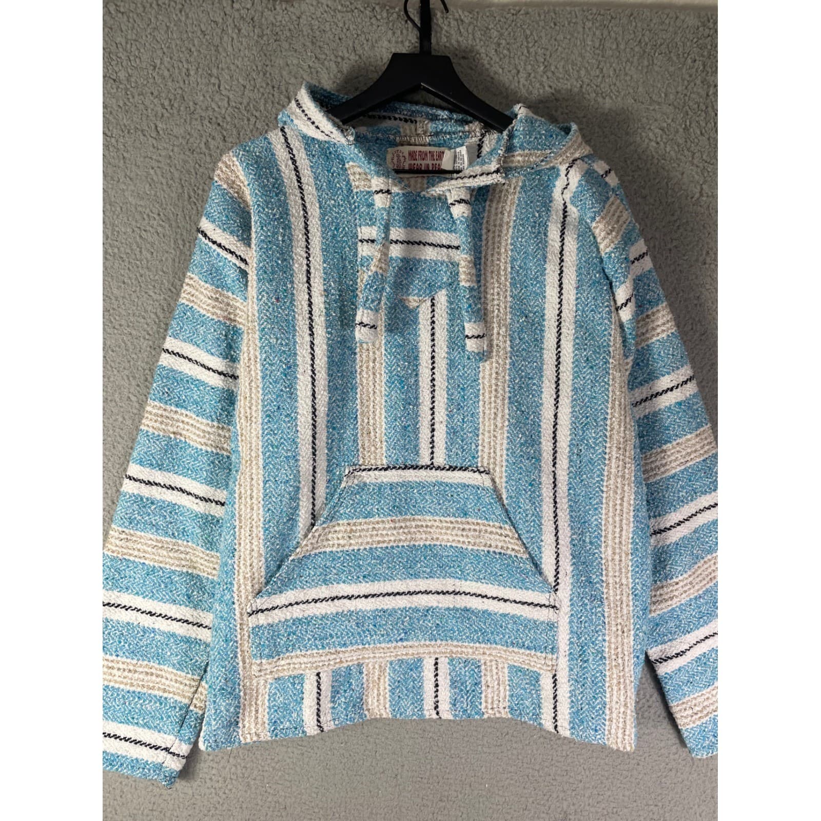 Baja Hoodie Mens Large Blue White Striped Surf Mexican Pullover Sweatshirt - Thumbnail 7