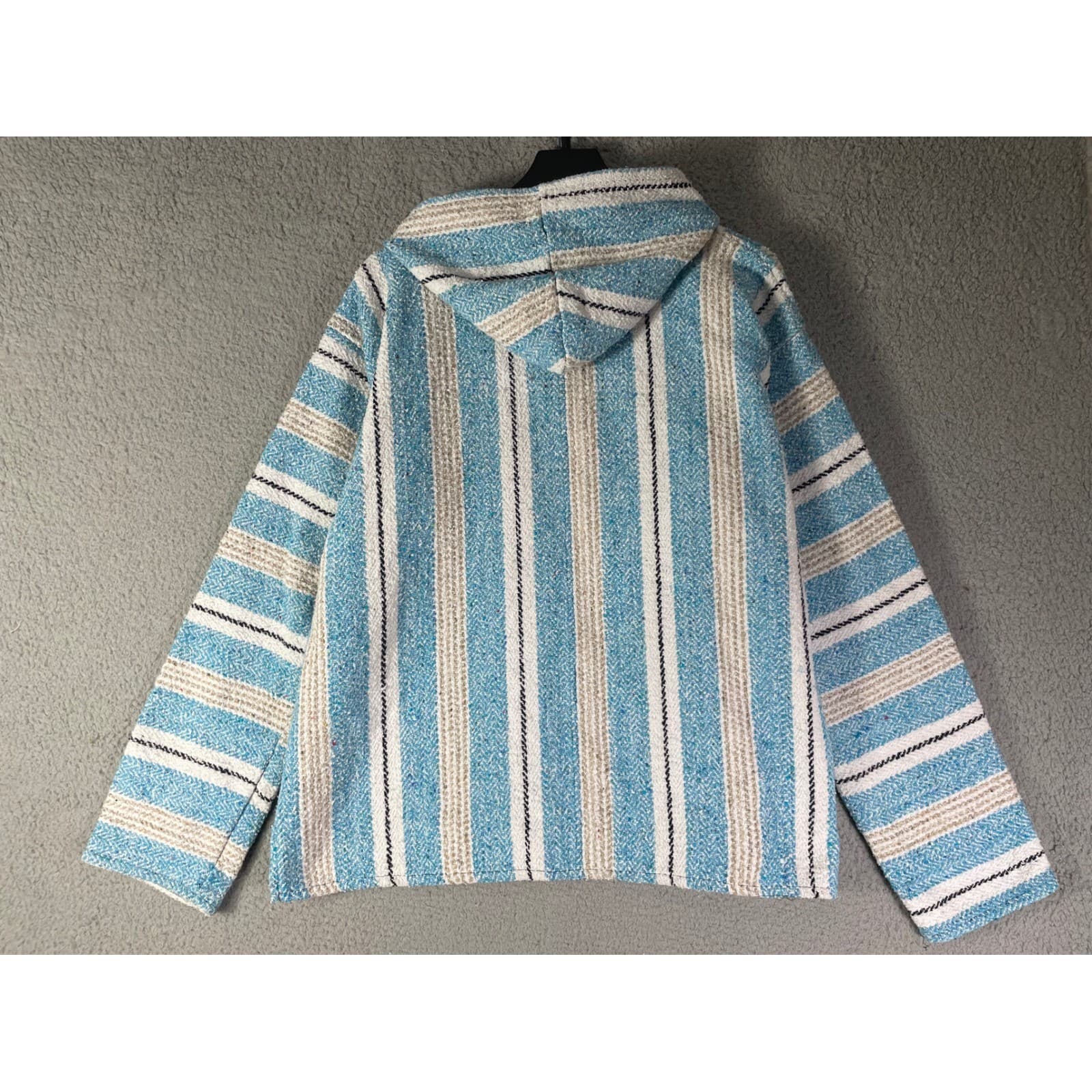 Baja Hoodie Mens Large Blue White Striped Surf Mexican Pullover Sweatshirt - Thumbnail 9