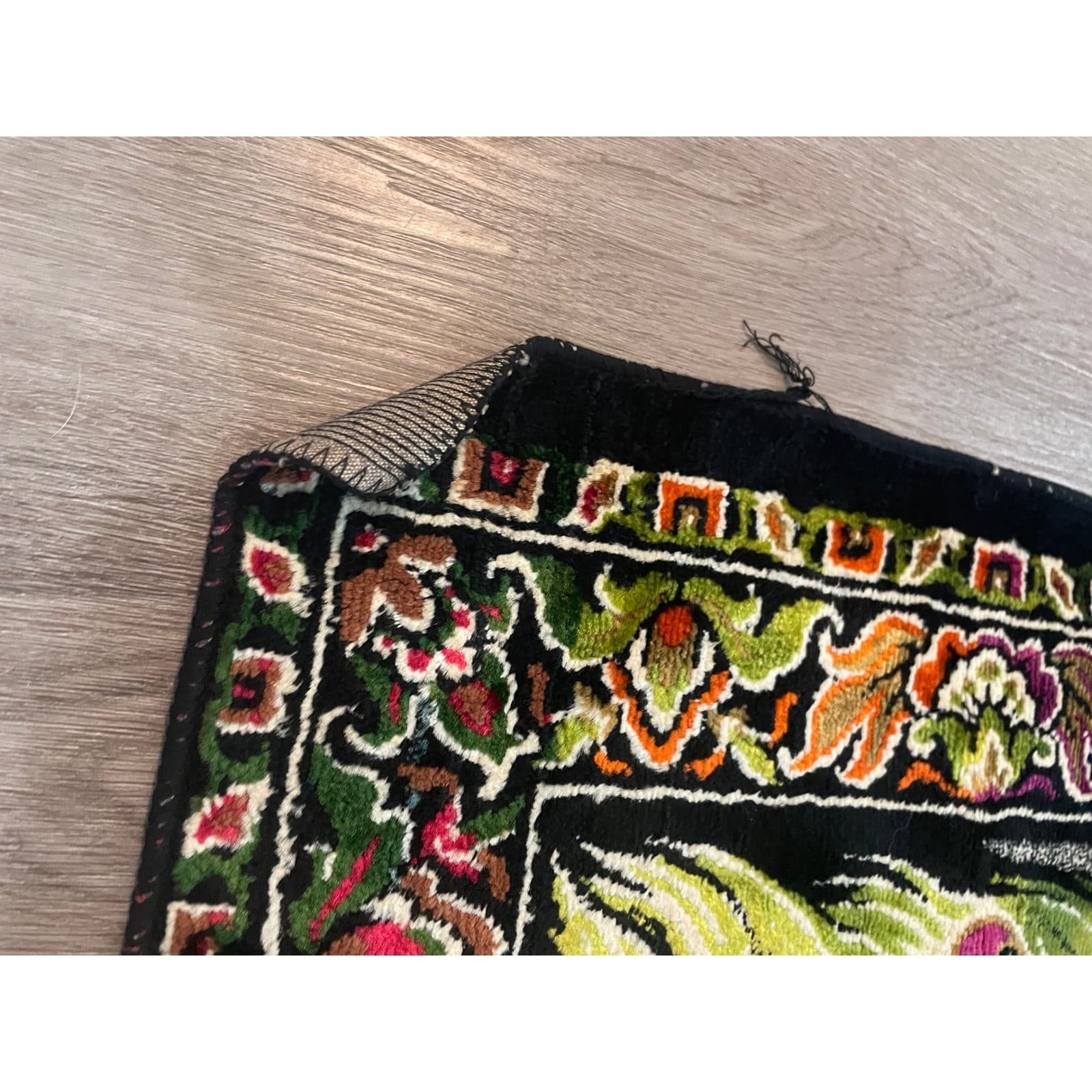 Vintage Turkish Velvet Peacock Tapestry Rug 1970s Wall Hanging 75x49 Boho Decor - Thumbnail 10