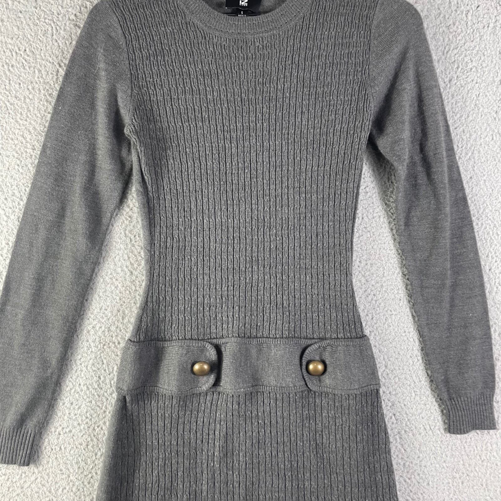 IZ Byer Gray Ribbed Knit Sweater Dress Womens S Brass Button Fit Flare Mini - Thumbnail 7