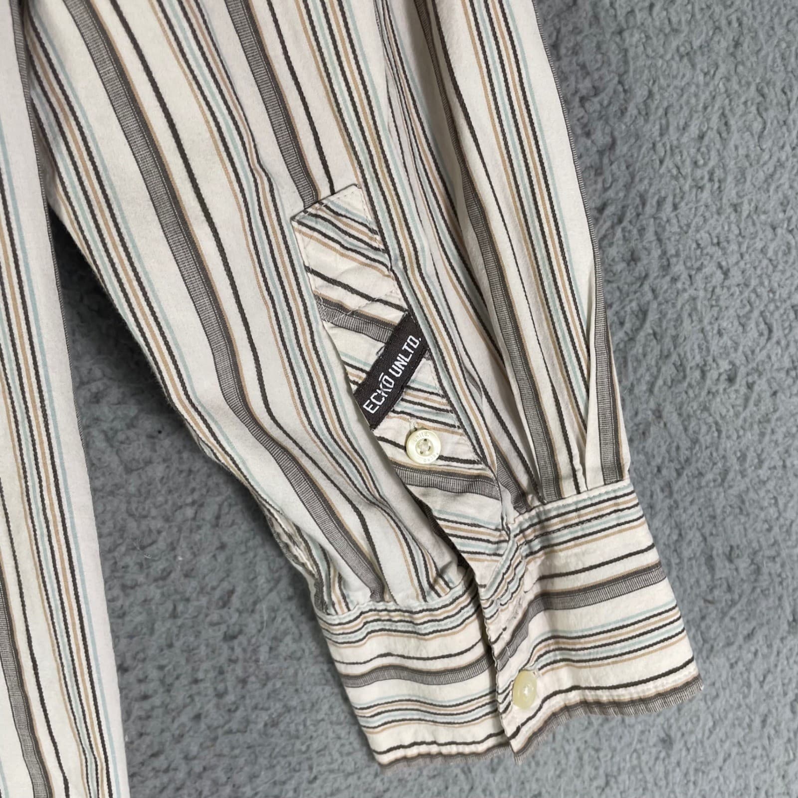 Mens Striped Button Down Shirt XXL Cotton Long Sleeve Casual Ecko Unltd Cream - Thumbnail 11