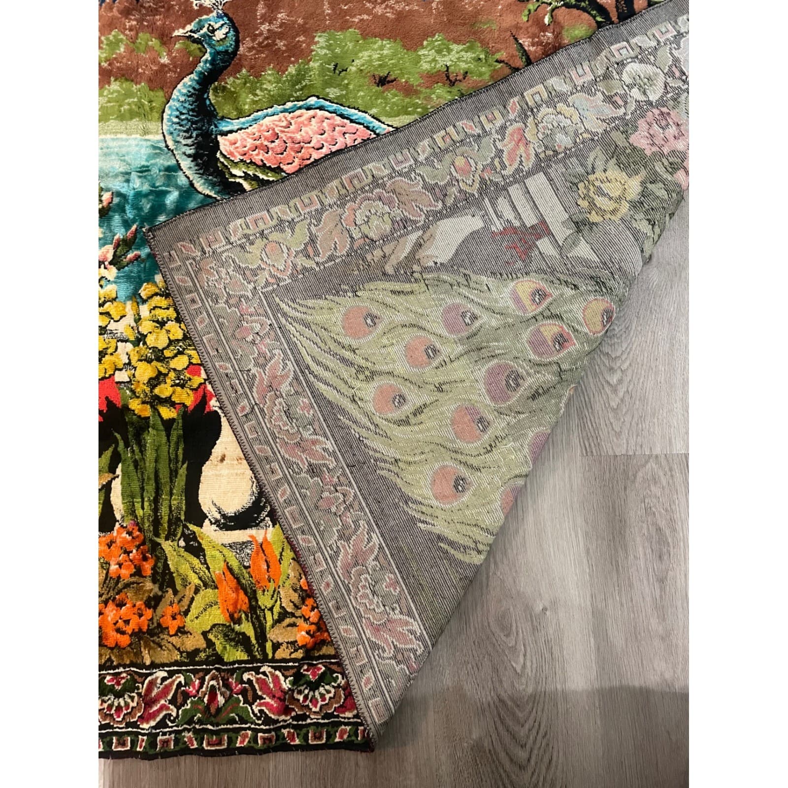 Vintage Turkish Velvet Peacock Tapestry Rug 1970s Wall Hanging 75x49 Boho Decor - Thumbnail 9