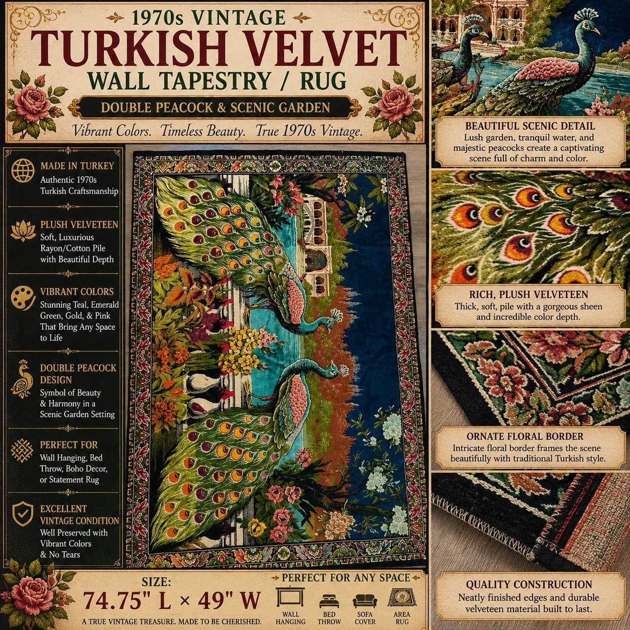 Vintage Turkish Velvet Peacock Tapestry Rug 1970s Wall Hanging 75x49 Boho Decor - Thumbnail 2