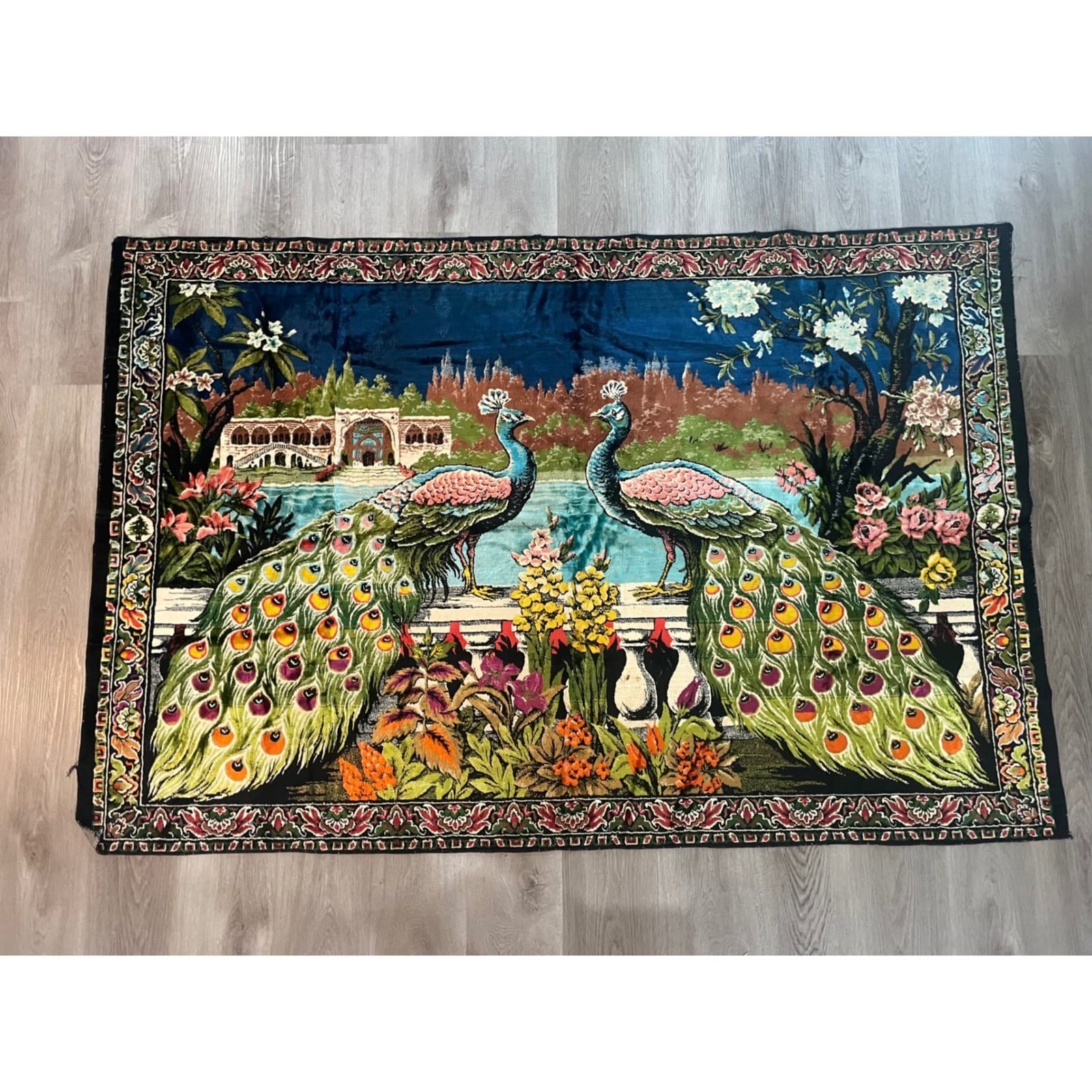 Vintage Turkish Velvet Peacock Tapestry Rug 1970s Wall Hanging 75x49 Boho Decor - Thumbnail 4