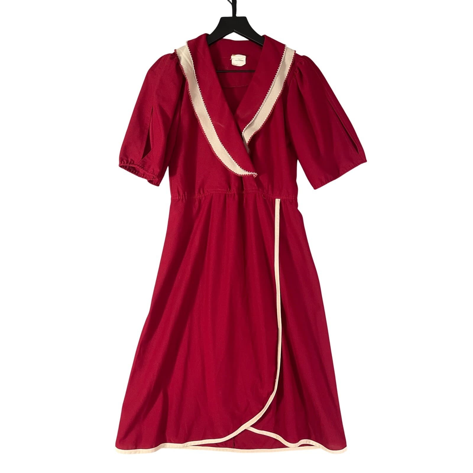 Vintage 70s How Sweet It Is Red Wrap Midi Dress Puff Sleeve Secretary Women's S - Thumbnail 3