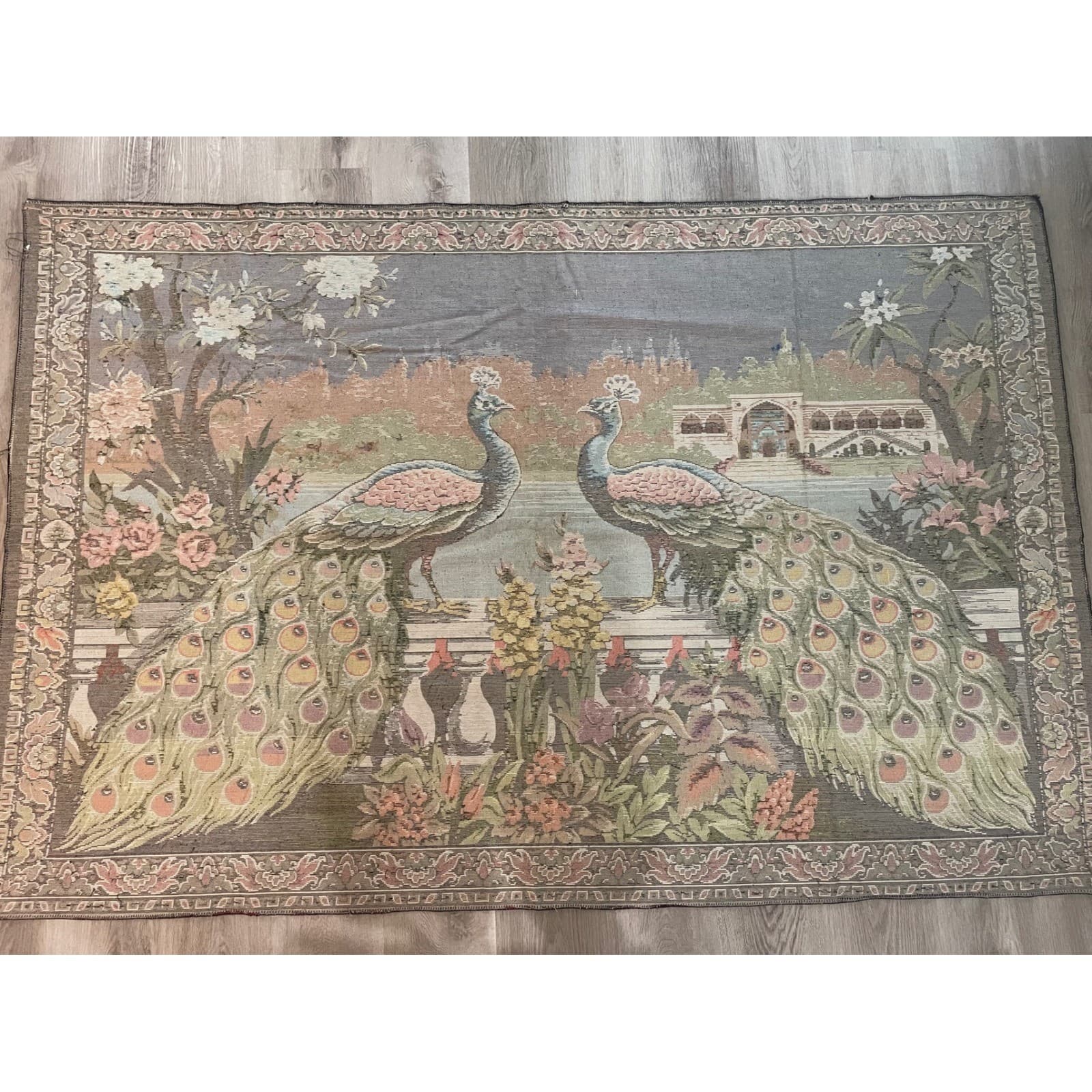 Vintage Turkish Velvet Peacock Tapestry Rug 1970s Wall Hanging 75x49 Boho Decor - Thumbnail 11