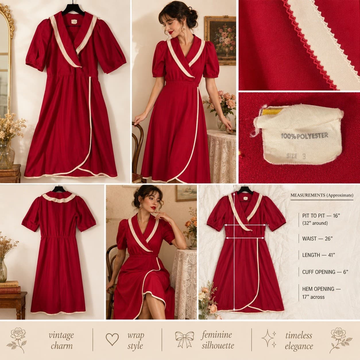 Vintage 70s How Sweet It Is Red Wrap Midi Dress Puff Sleeve Secretary Women's S - Thumbnail 2