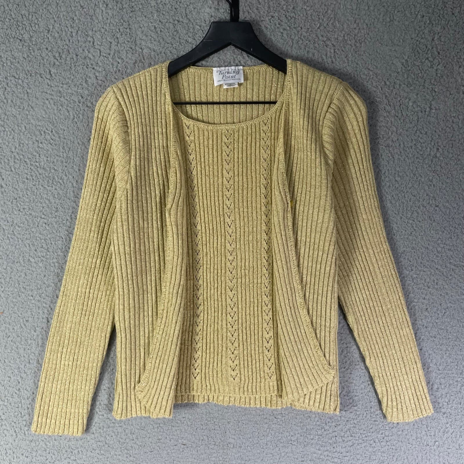 Womens Vintage Gold Metallic Cardigan Sweater Knit Button Front Casual Small Top - Thumbnail 2