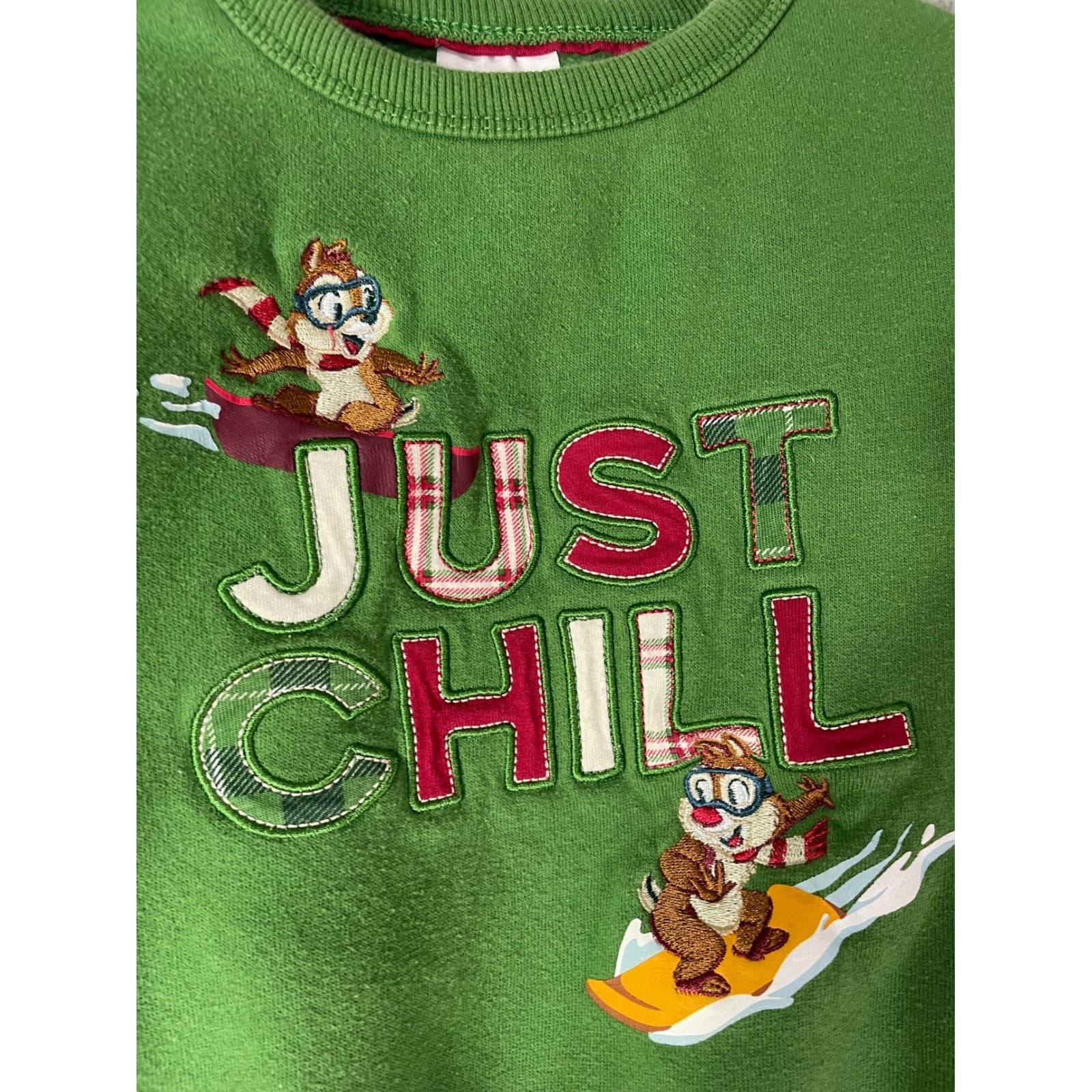 Disney Christmas Chip n Dale Just Chill Kids Holiday Sweatshirt Green 4T - Thumbnail 8