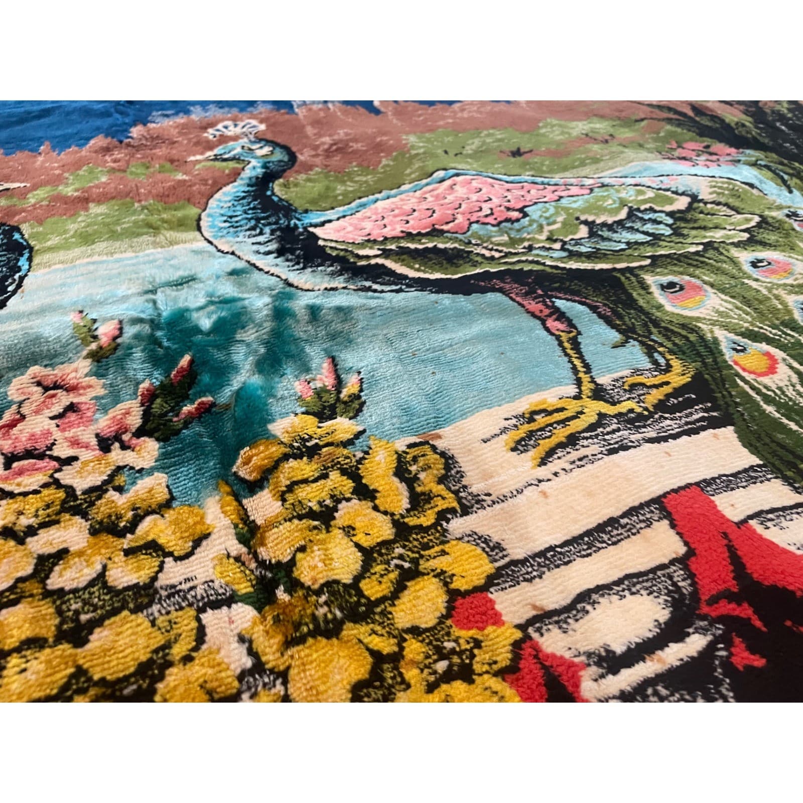 Vintage Turkish Velvet Peacock Tapestry Rug 1970s Wall Hanging 75x49 Boho Decor - Thumbnail 7