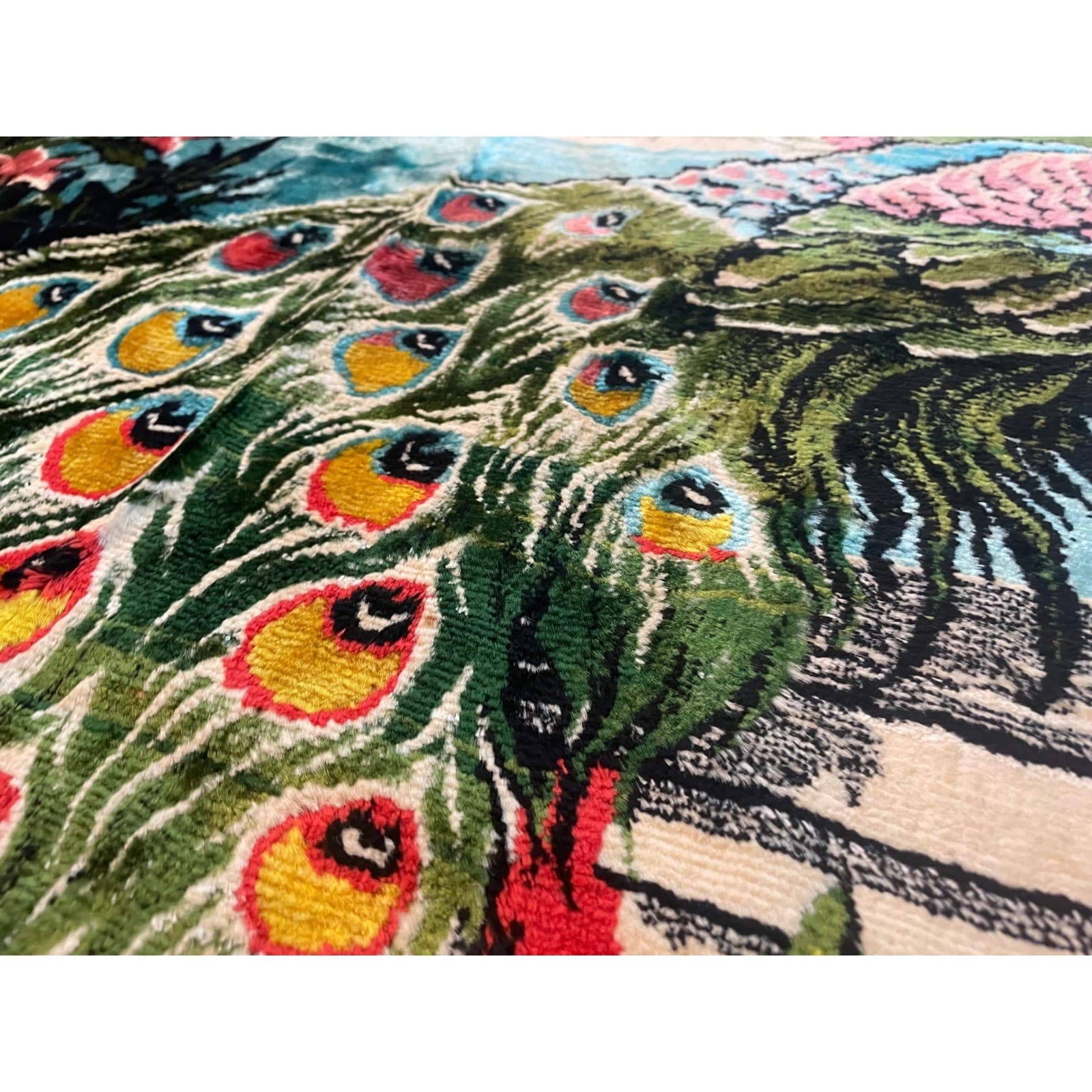 Vintage Turkish Velvet Peacock Tapestry Rug 1970s Wall Hanging 75x49 Boho Decor - Thumbnail 6