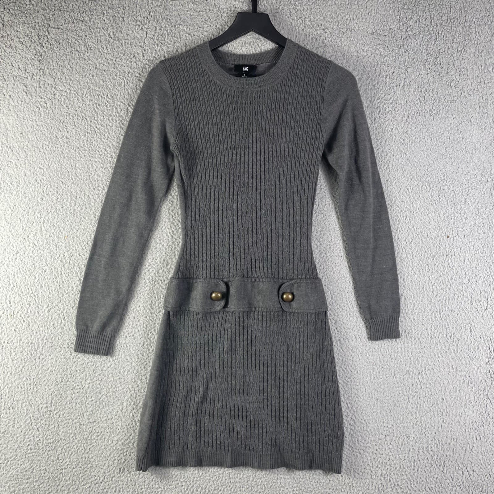 IZ Byer Gray Ribbed Knit Sweater Dress Womens S Brass Button Fit Flare Mini - Thumbnail 5