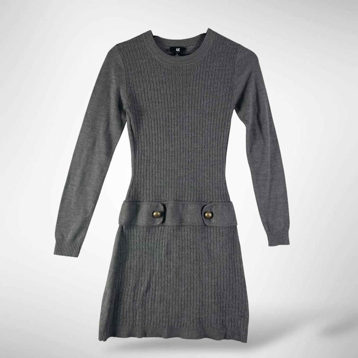 IZ Byer Gray Ribbed Knit Sweater Dress Womens S Brass Button Fit Flare Mini - Thumbnail 2