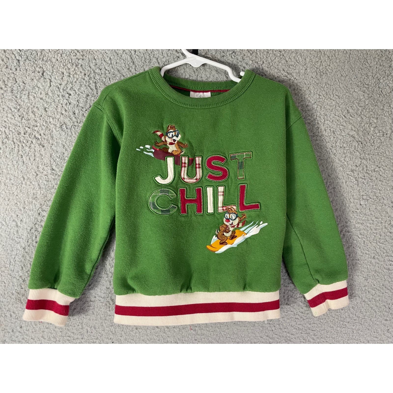 Disney Christmas Chip n Dale Just Chill Kids Holiday Sweatshirt Green 4T - Thumbnail 3