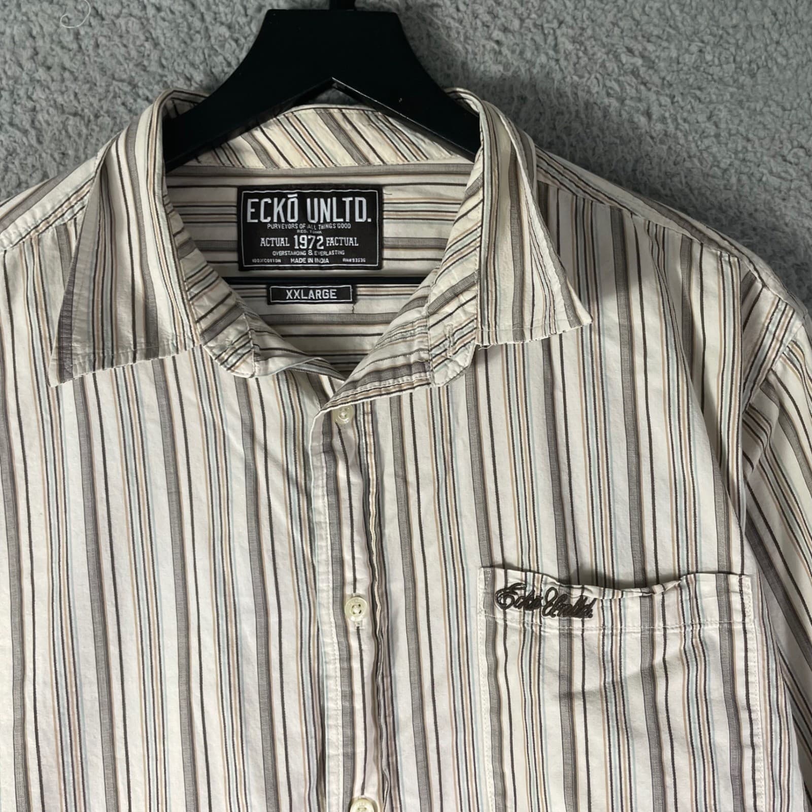 Mens Striped Button Down Shirt XXL Cotton Long Sleeve Casual Ecko Unltd Cream - Thumbnail 7