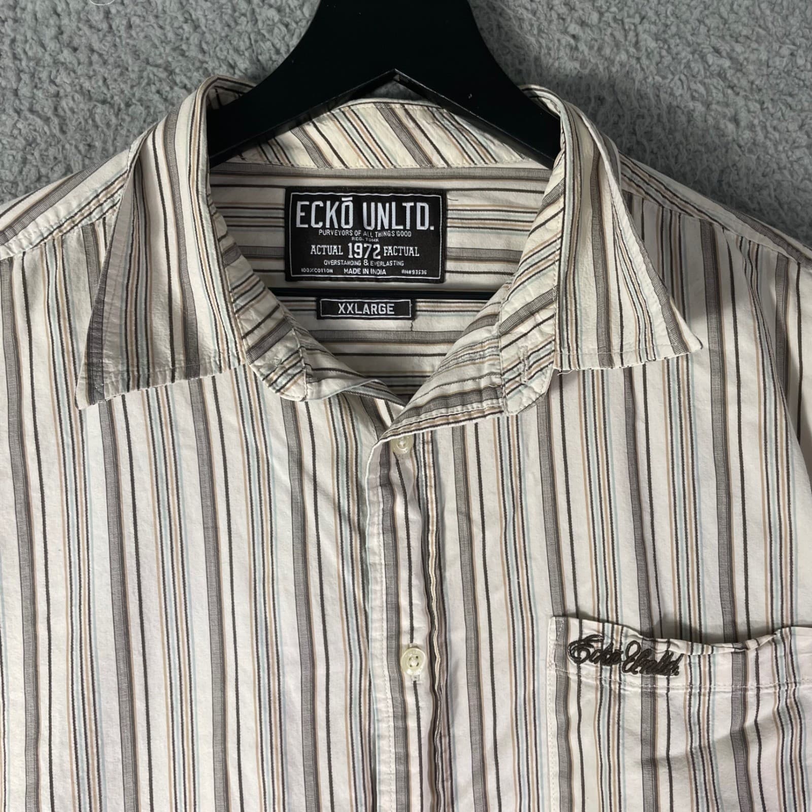 Mens Striped Button Down Shirt XXL Cotton Long Sleeve Casual Ecko Unltd Cream - Thumbnail 9