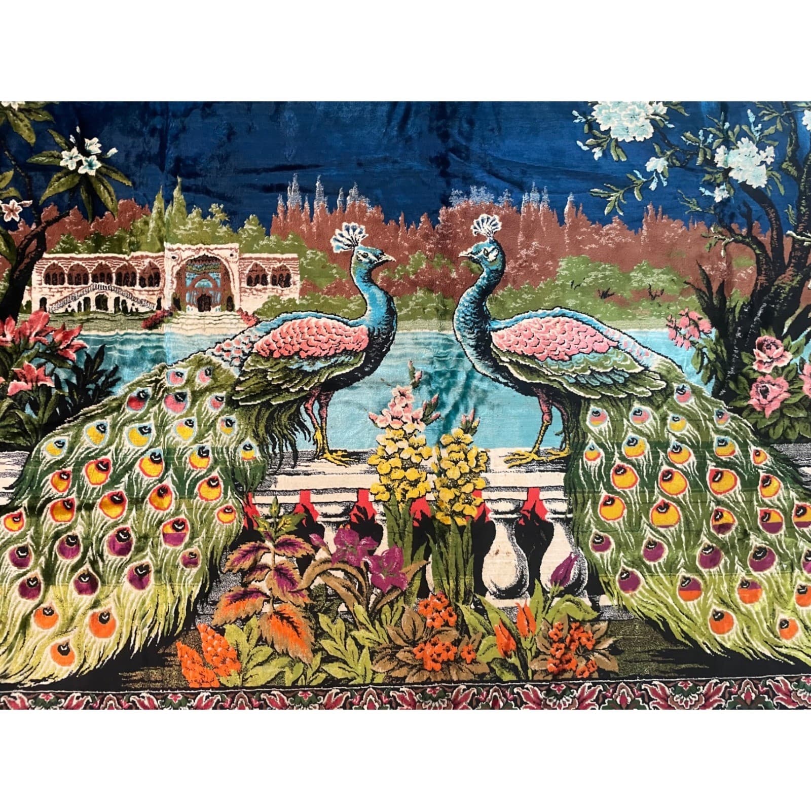 Vintage Turkish Velvet Peacock Tapestry Rug 1970s Wall Hanging 75x49 Boho Decor - Thumbnail 5