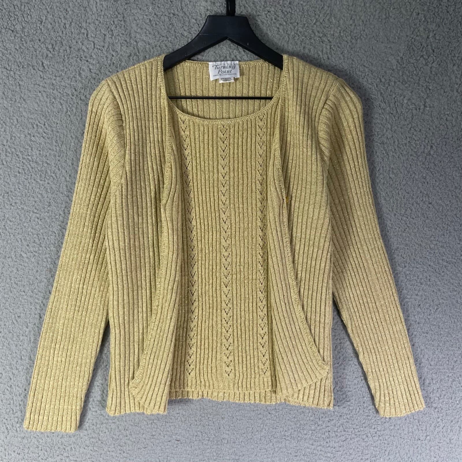 Womens Vintage Gold Metallic Cardigan Sweater Knit Button Front Casual Small Top - Thumbnail 6