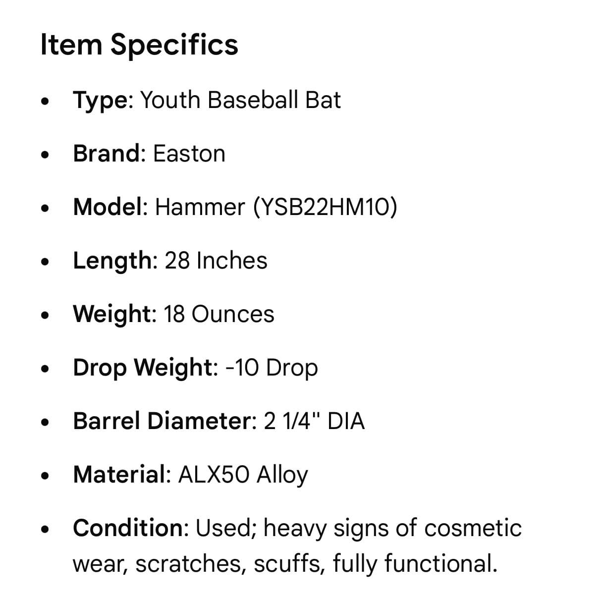 Easton Hammer Youth Baseball Bat 28/18 USA YSB22HM10 ALX50 Alloy 2 1/4 Barrel - Thumbnail 2