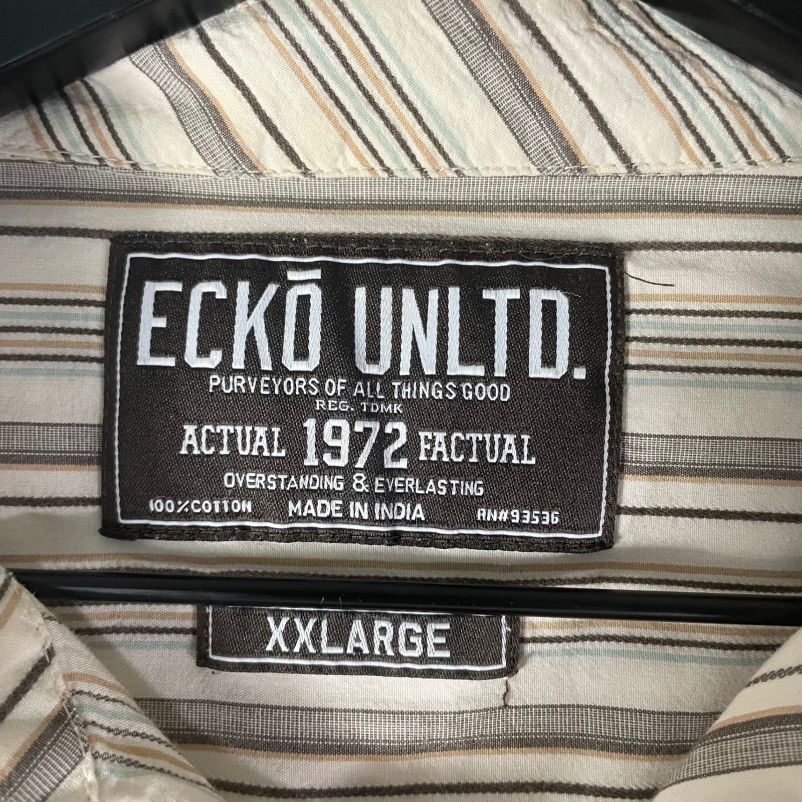 Mens Striped Button Down Shirt XXL Cotton Long Sleeve Casual Ecko Unltd Cream - Thumbnail 4
