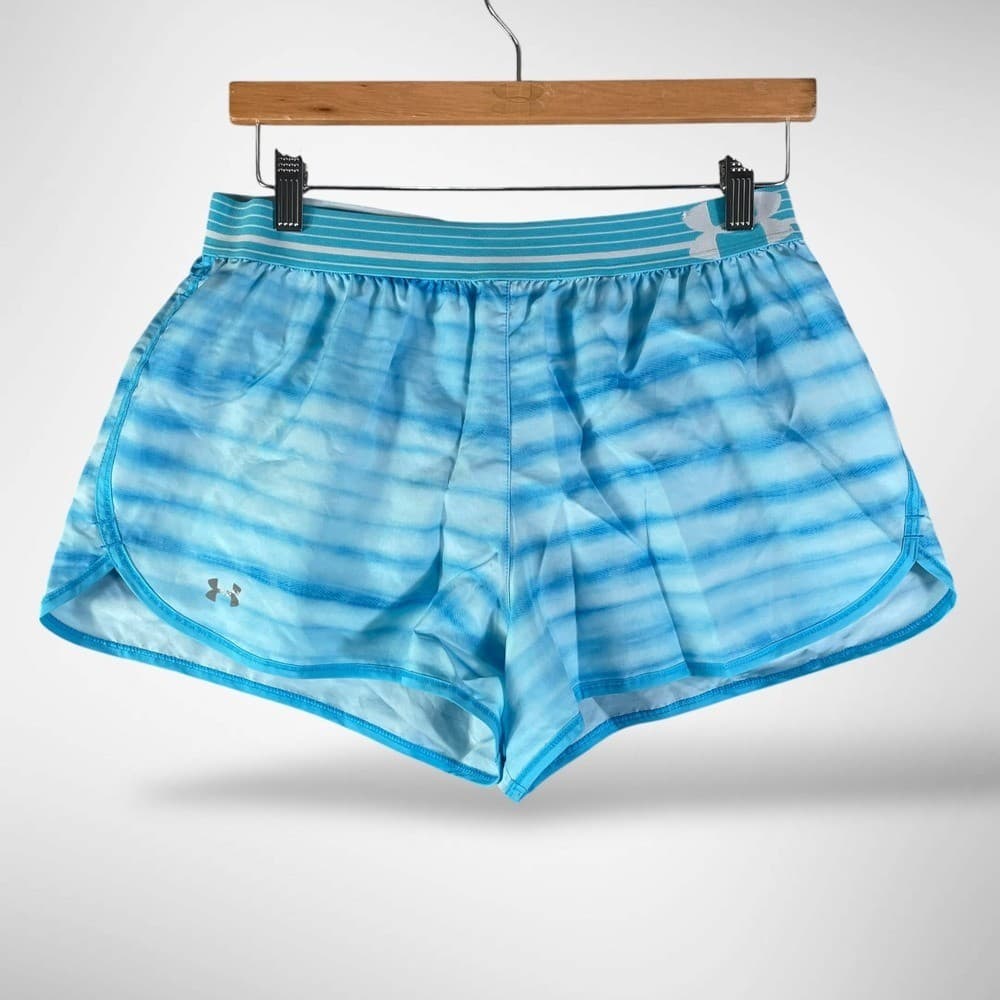 Under Armour HeatGear Running Shorts Womens M Blue Striped Athletic Lined - Thumbnail 2