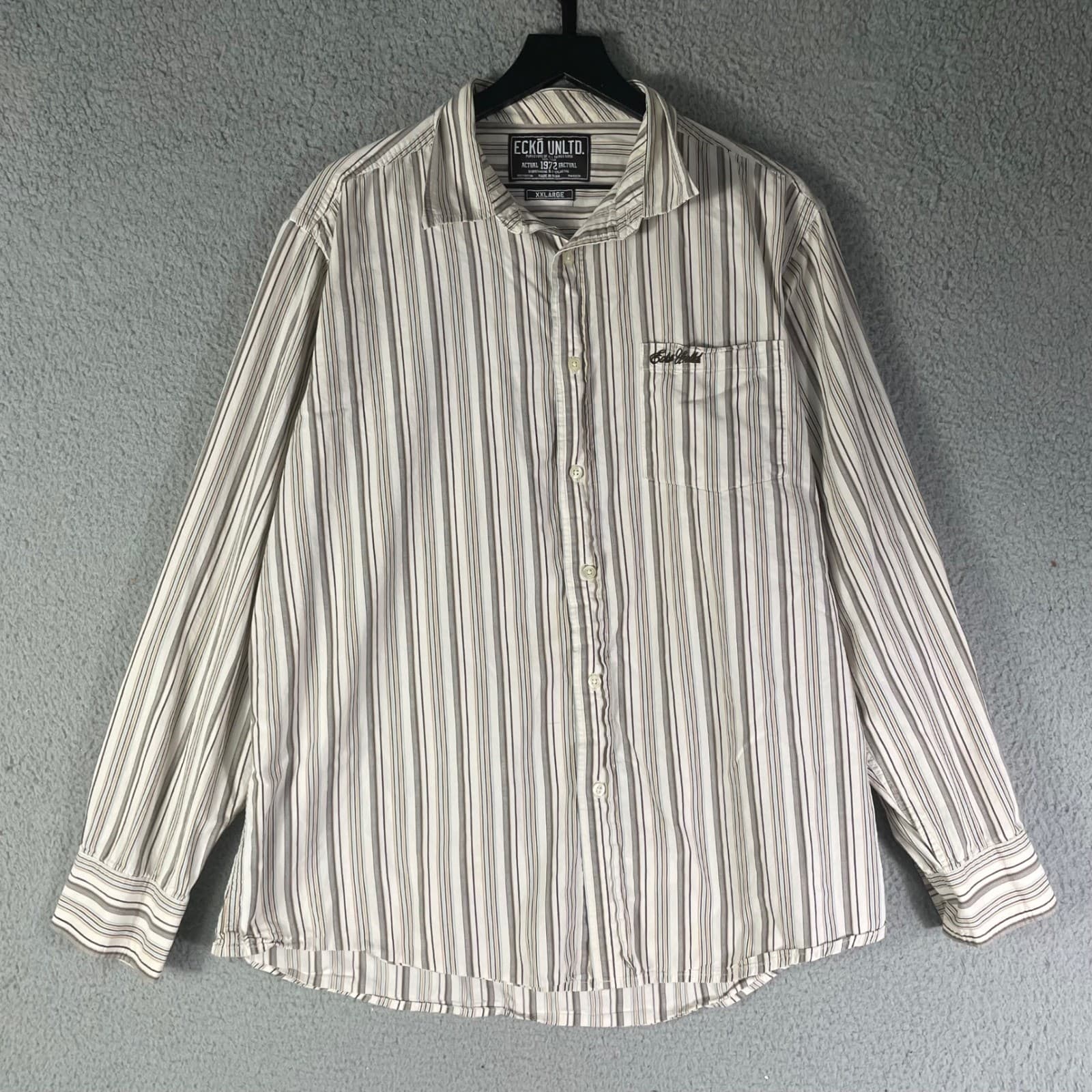 Mens Striped Button Down Shirt XXL Cotton Long Sleeve Casual Ecko Unltd Cream - Thumbnail 2