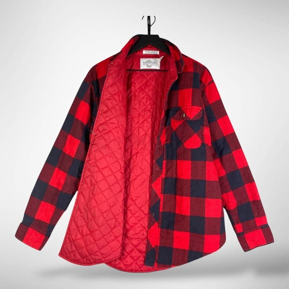 Vintage Buffalo Plaid Quilted Flannel Jacket Mens L Red Black Workwear Coat - Thumbnail 2