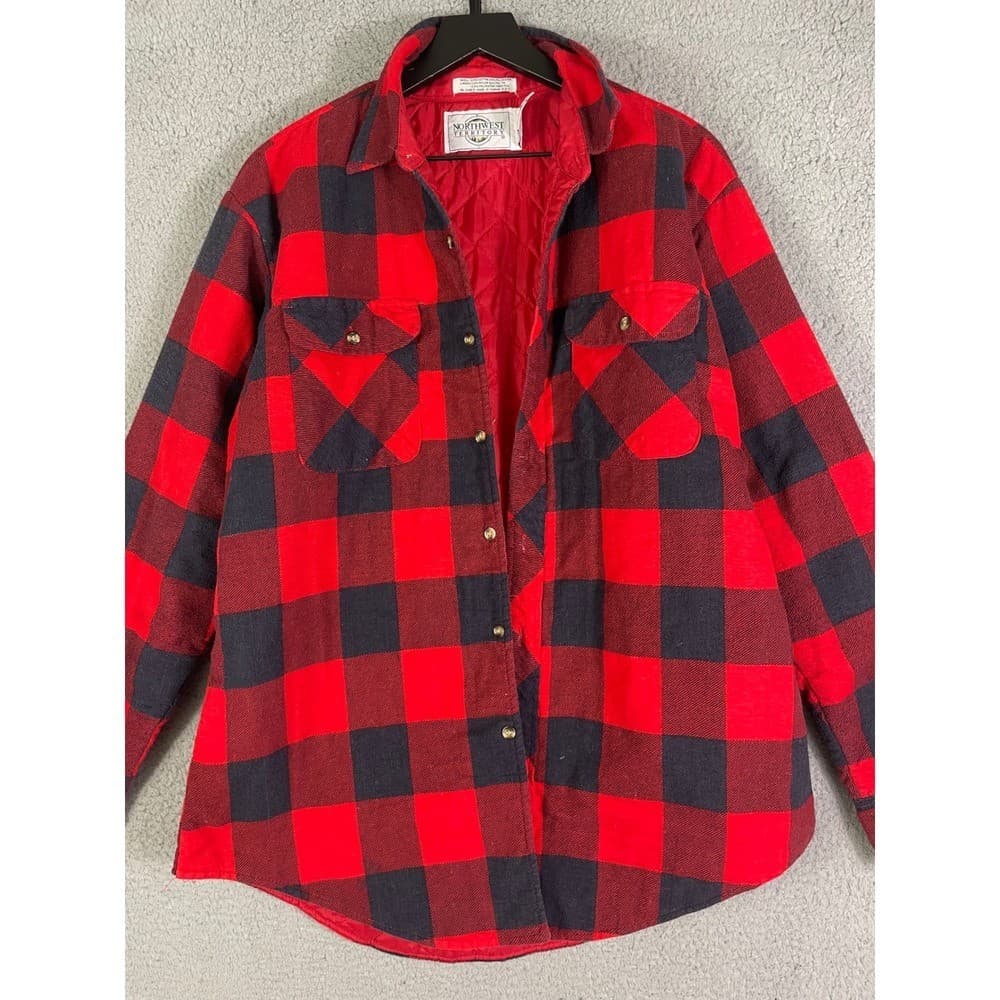 Vintage Buffalo Plaid Quilted Flannel Jacket Mens L Red Black Workwear Coat - Thumbnail 11