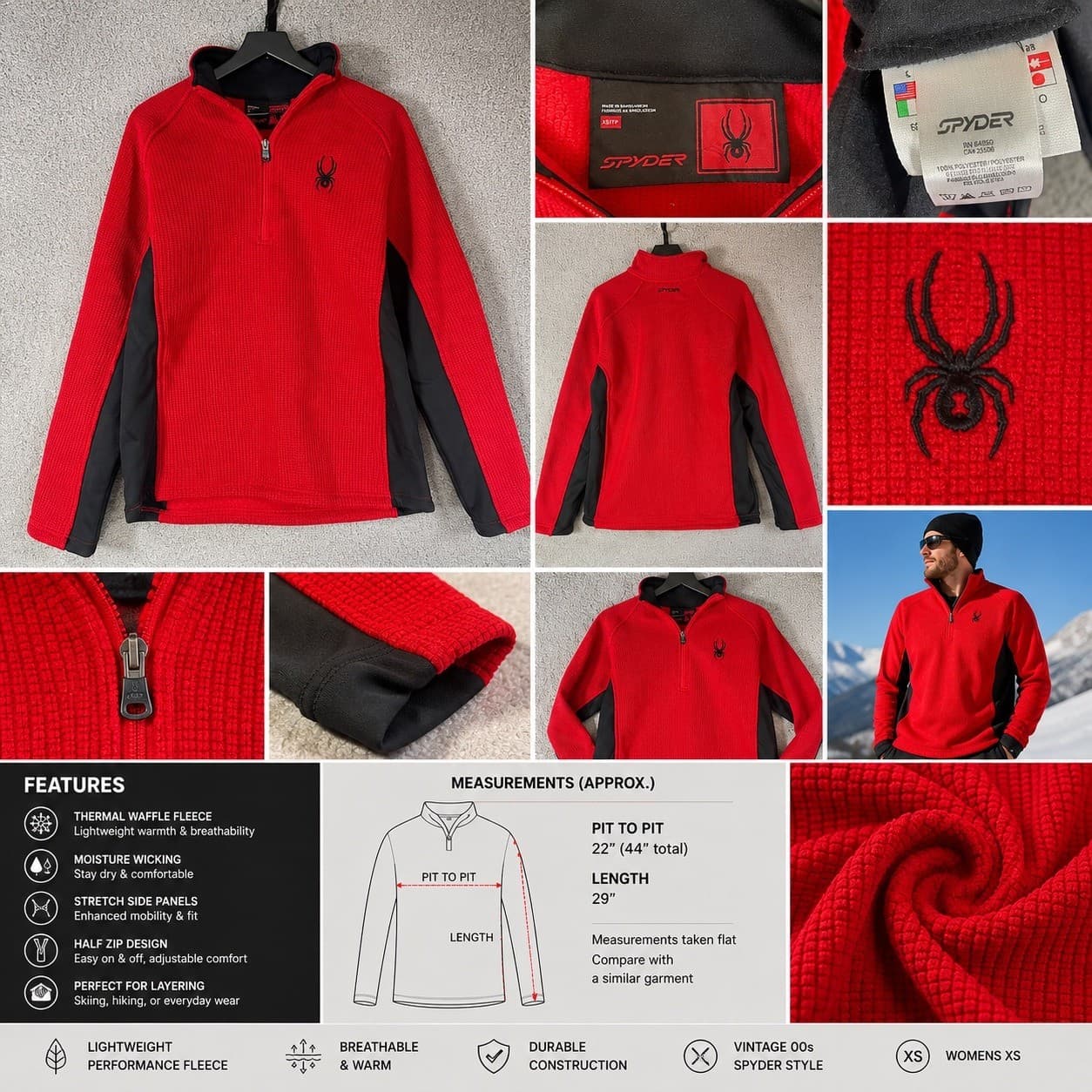 Spyder Mens Large Red Black Quarter Zip Pullover Ribbed Stretch Ski Layer Top - Thumbnail 2