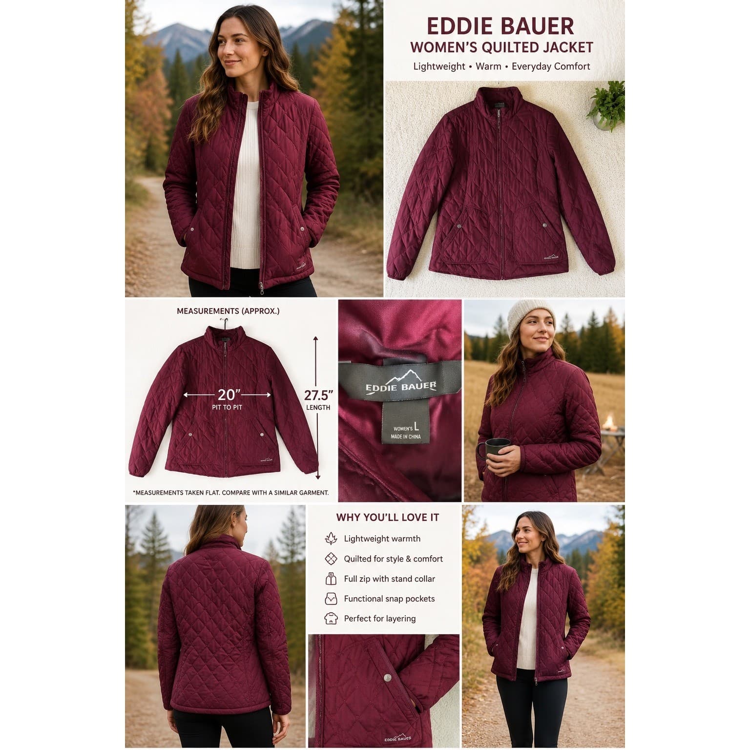 Eddie Bauer Womens Large Burgundy Diamond Quilted Full Zip Lightweight Jacket L - Thumbnail 2
