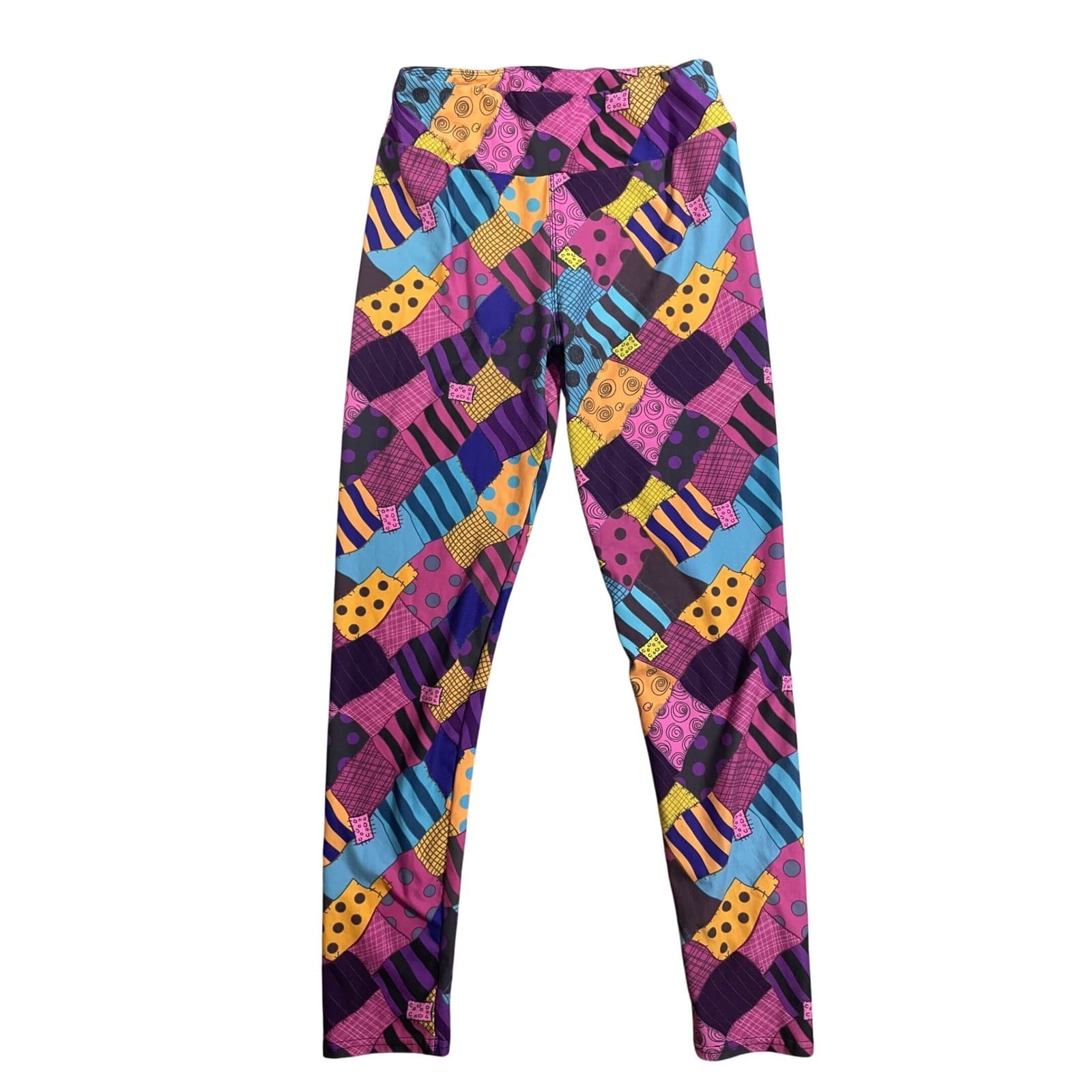 Patchwork Print Leggings OS Colorful Funky Patterned Print One Size - Thumbnail 2