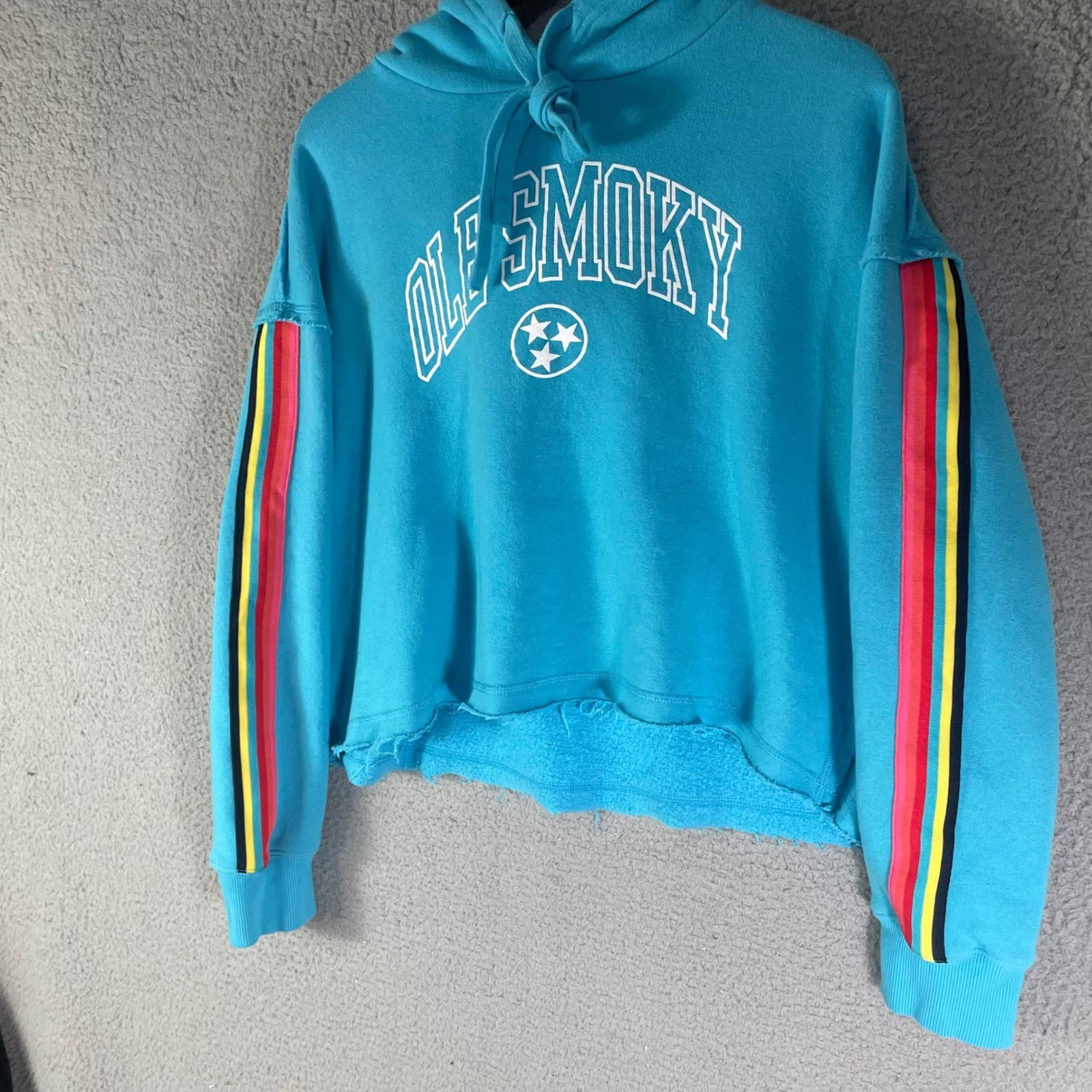 Ole Smoky Tennessee Moonshine Turquoise Cropped Hoodie Rainbow Stripe Womens L - Thumbnail 7