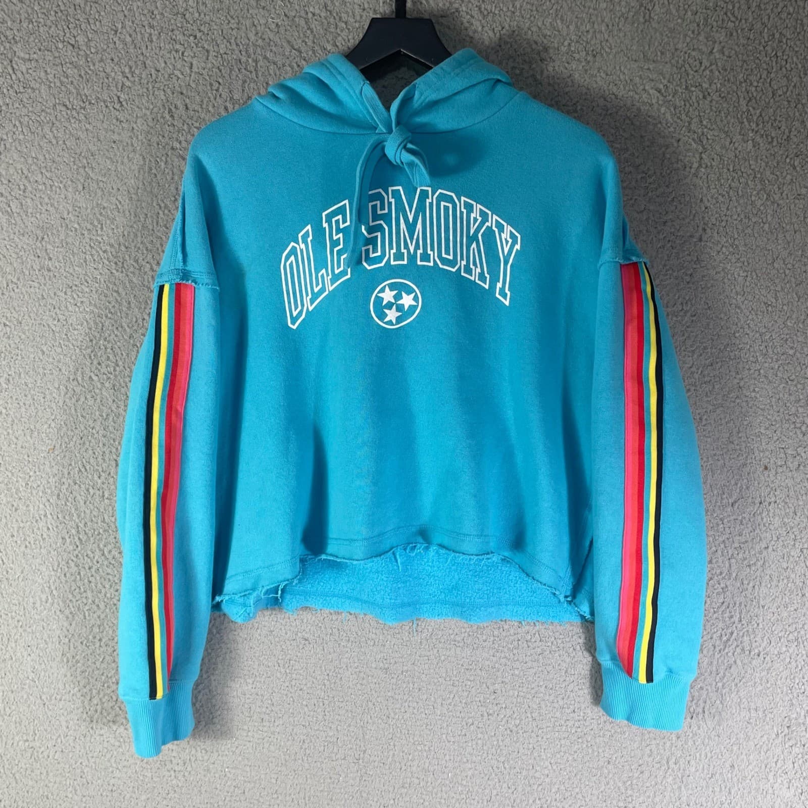 Ole Smoky Tennessee Moonshine Turquoise Cropped Hoodie Rainbow Stripe Womens L - Thumbnail 2