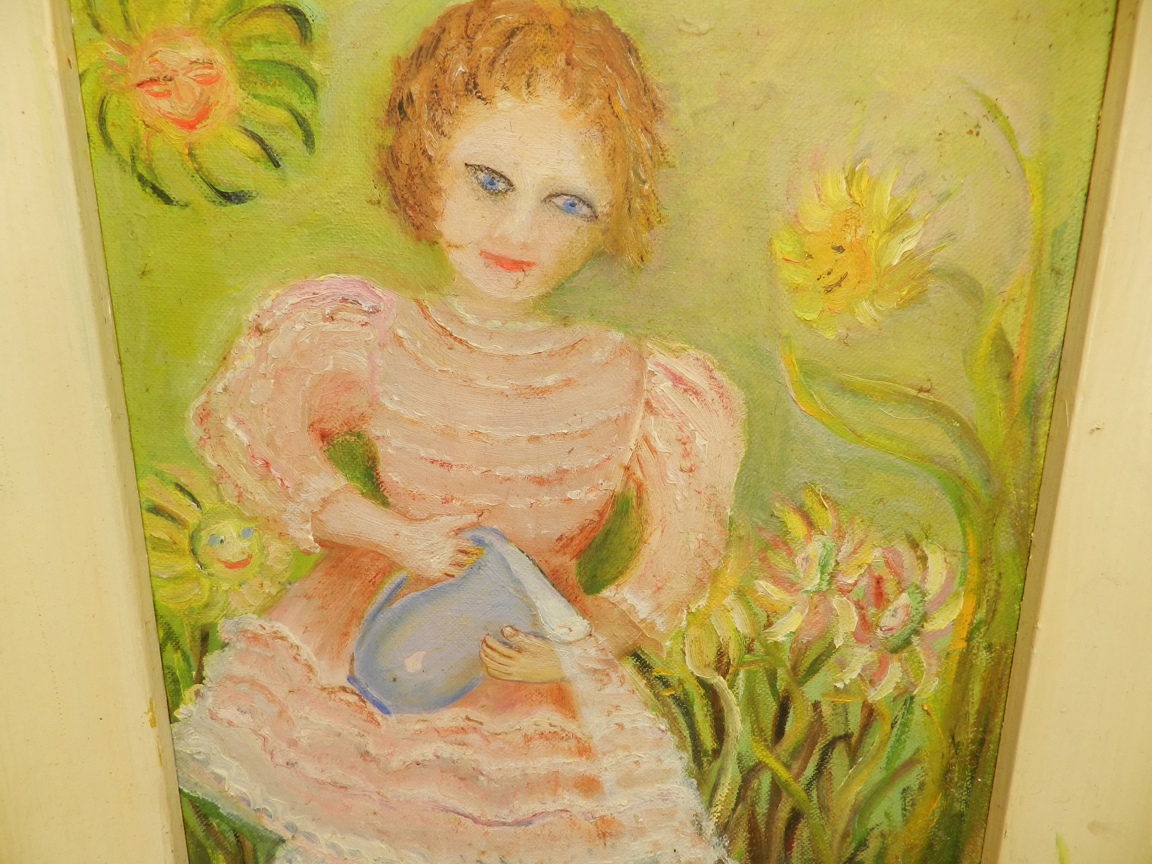 VTG Oil Paintingy by Marie Nunnally "Mistress Marry Watering the Garden" O74S - Thumbnail 3