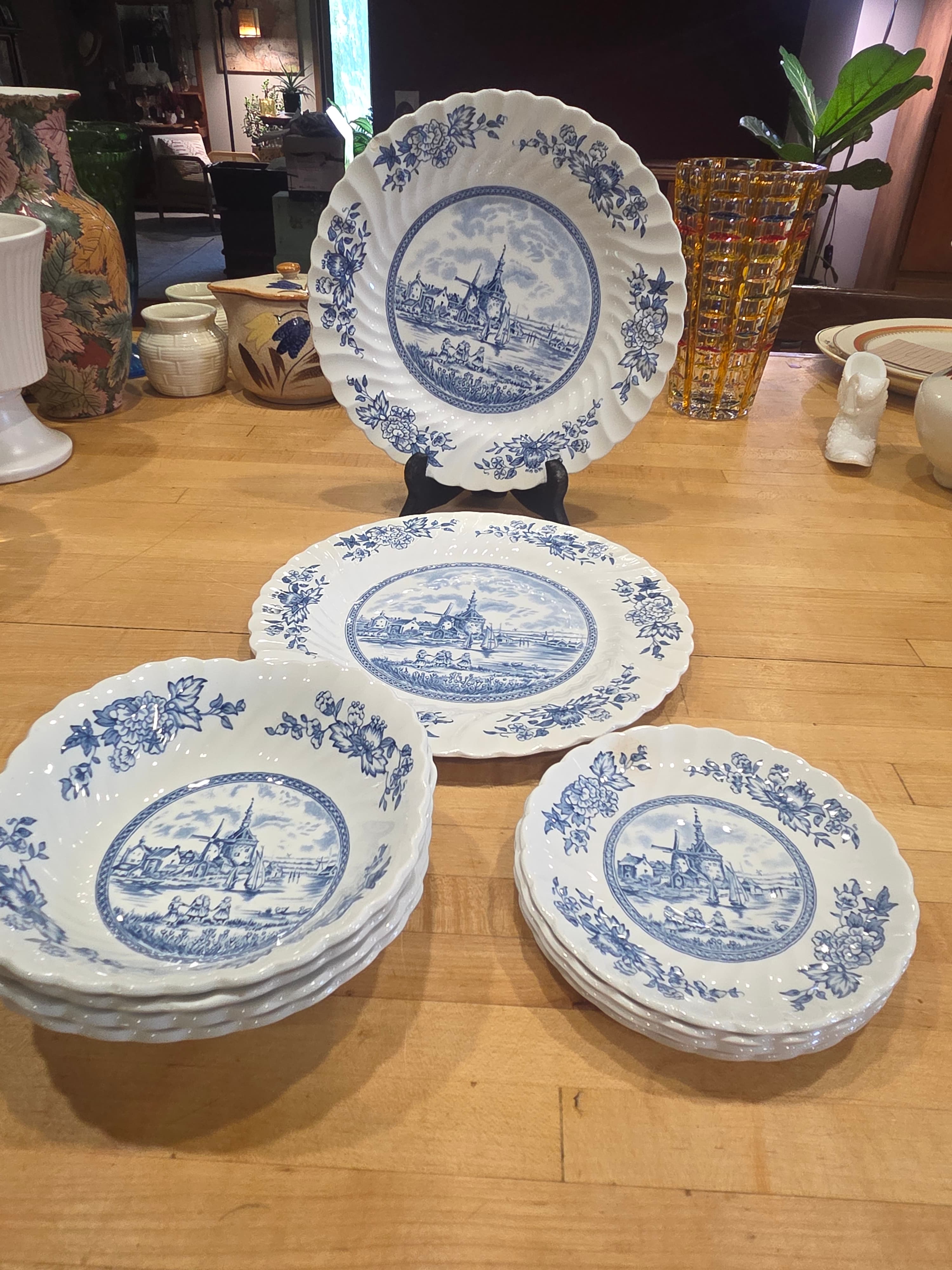 Vintage Blue White Delft Style Windmill Dinnerware 10 Piece Set
