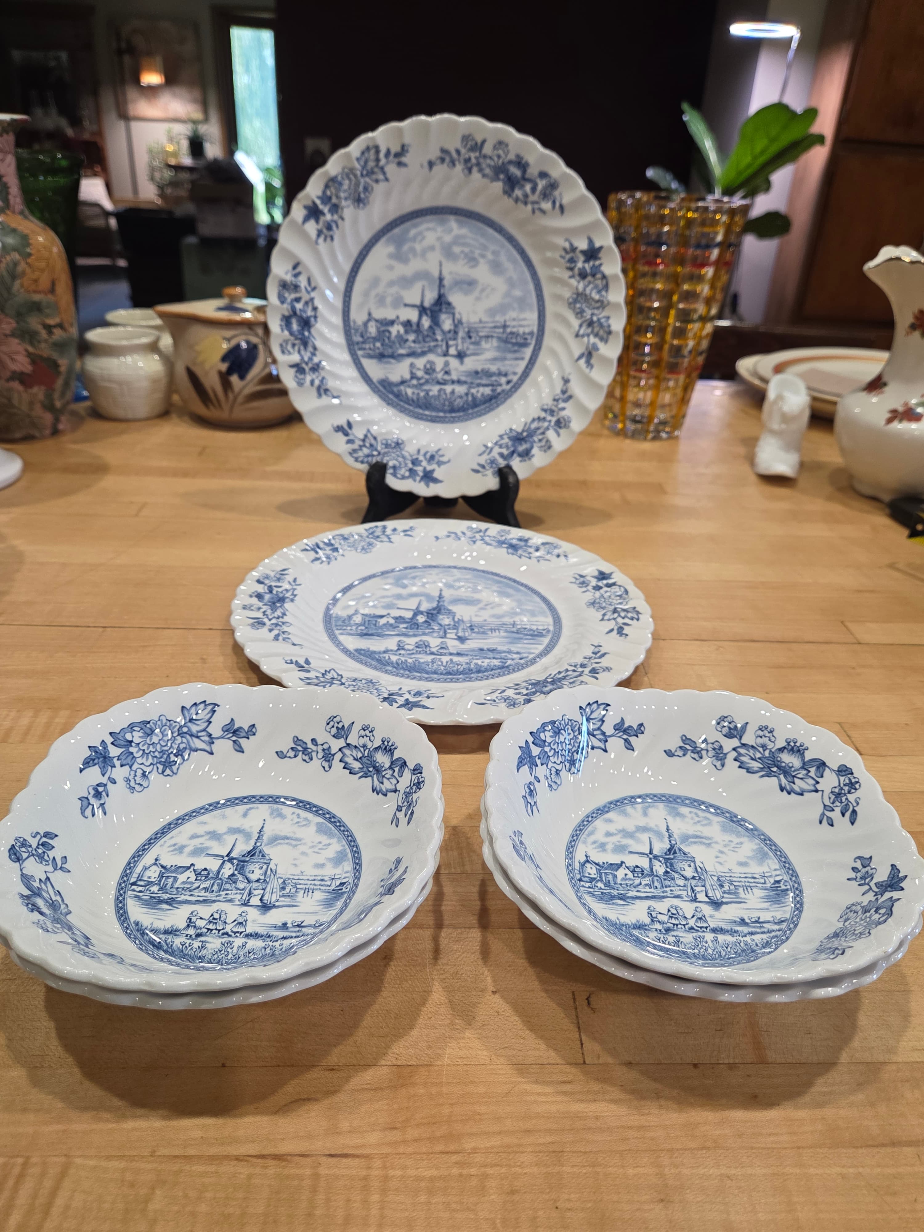 Vintage Blue White Delft Style Windmill Dinnerware 10 Piece Set - Thumbnail 6