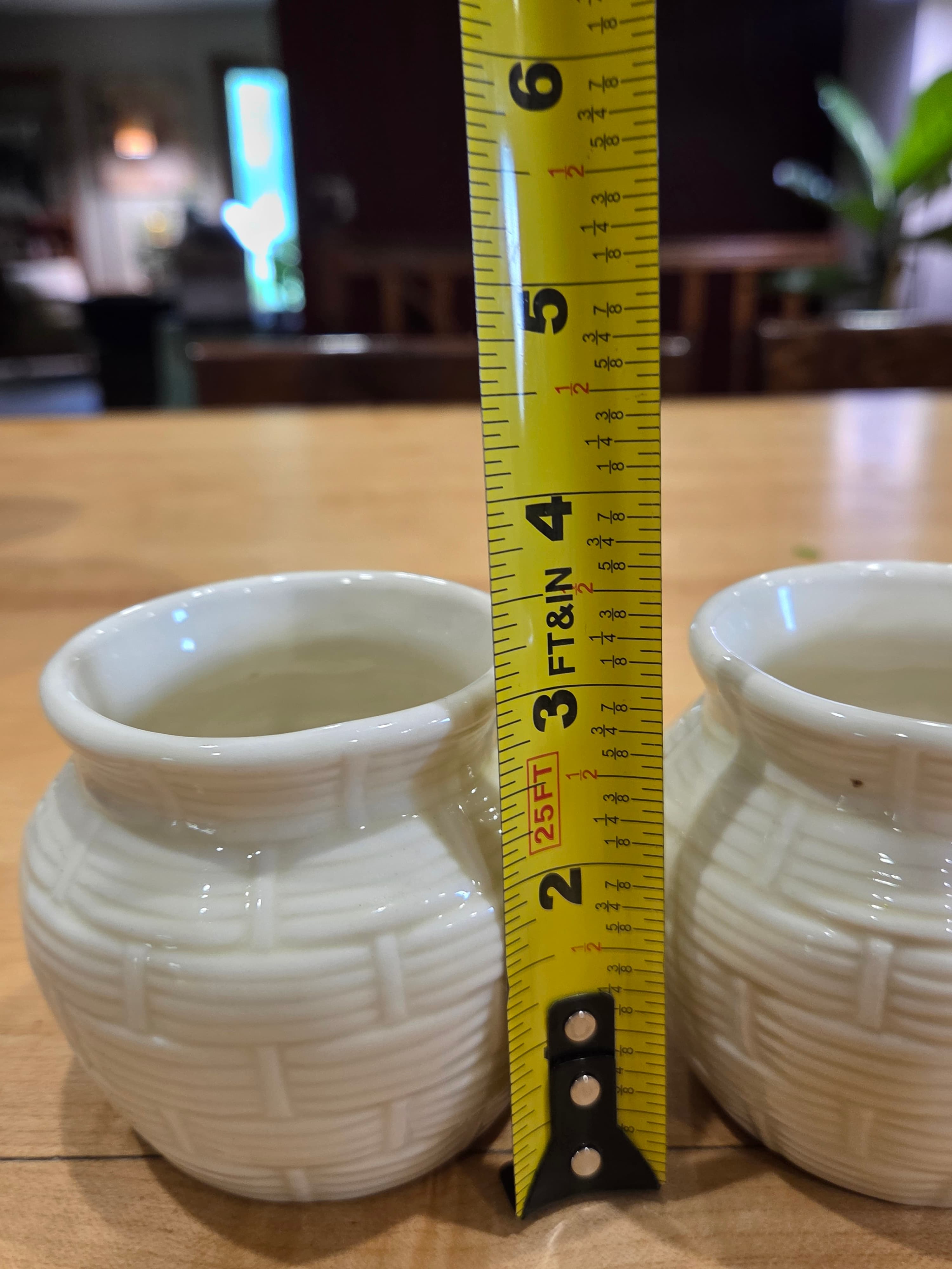 Vintage Porcelier Vitreous China Basketweave Mini Vases Pair - Thumbnail 4