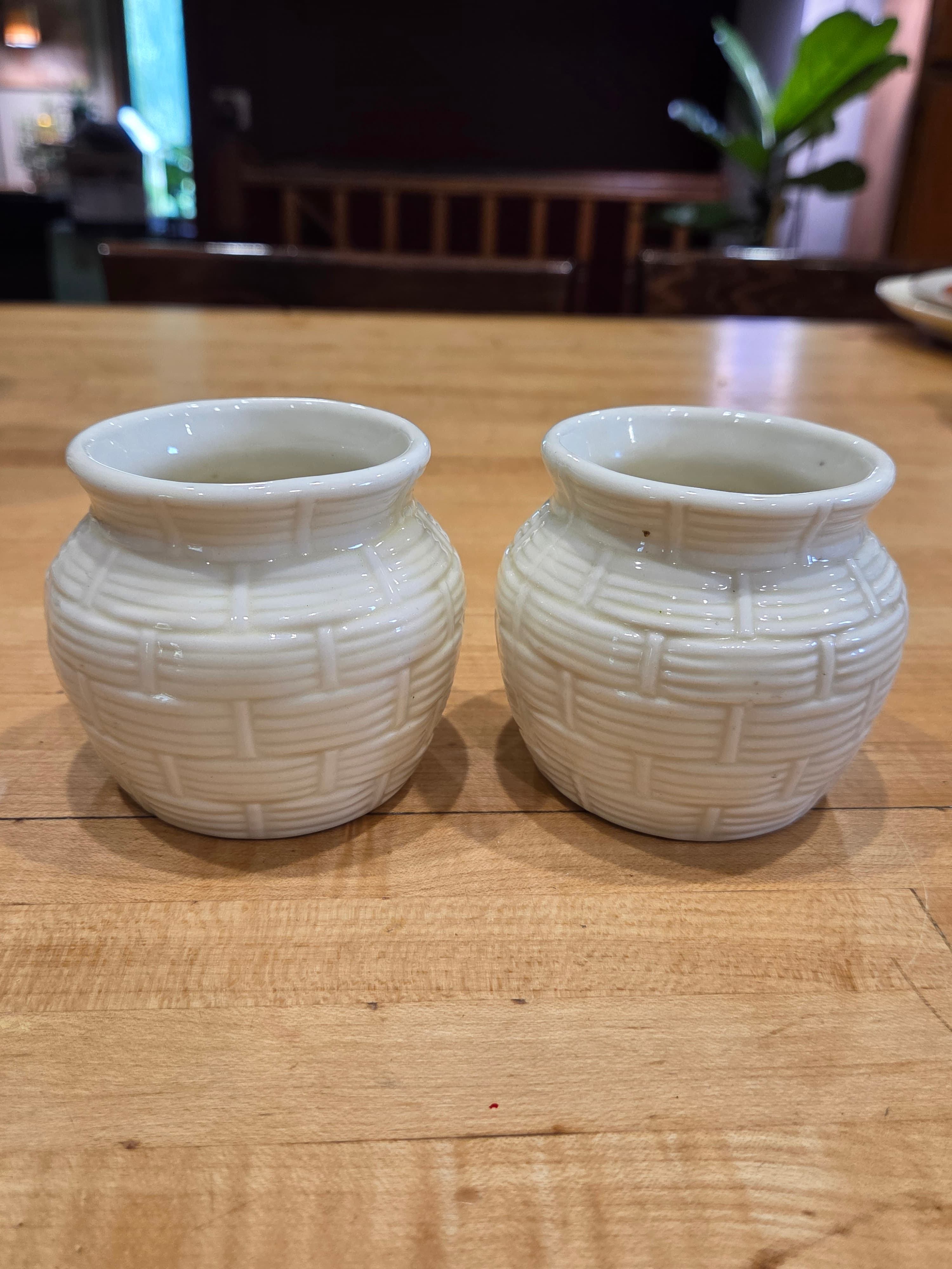 Vintage Porcelier Vitreous China Basketweave Mini Vases Pair